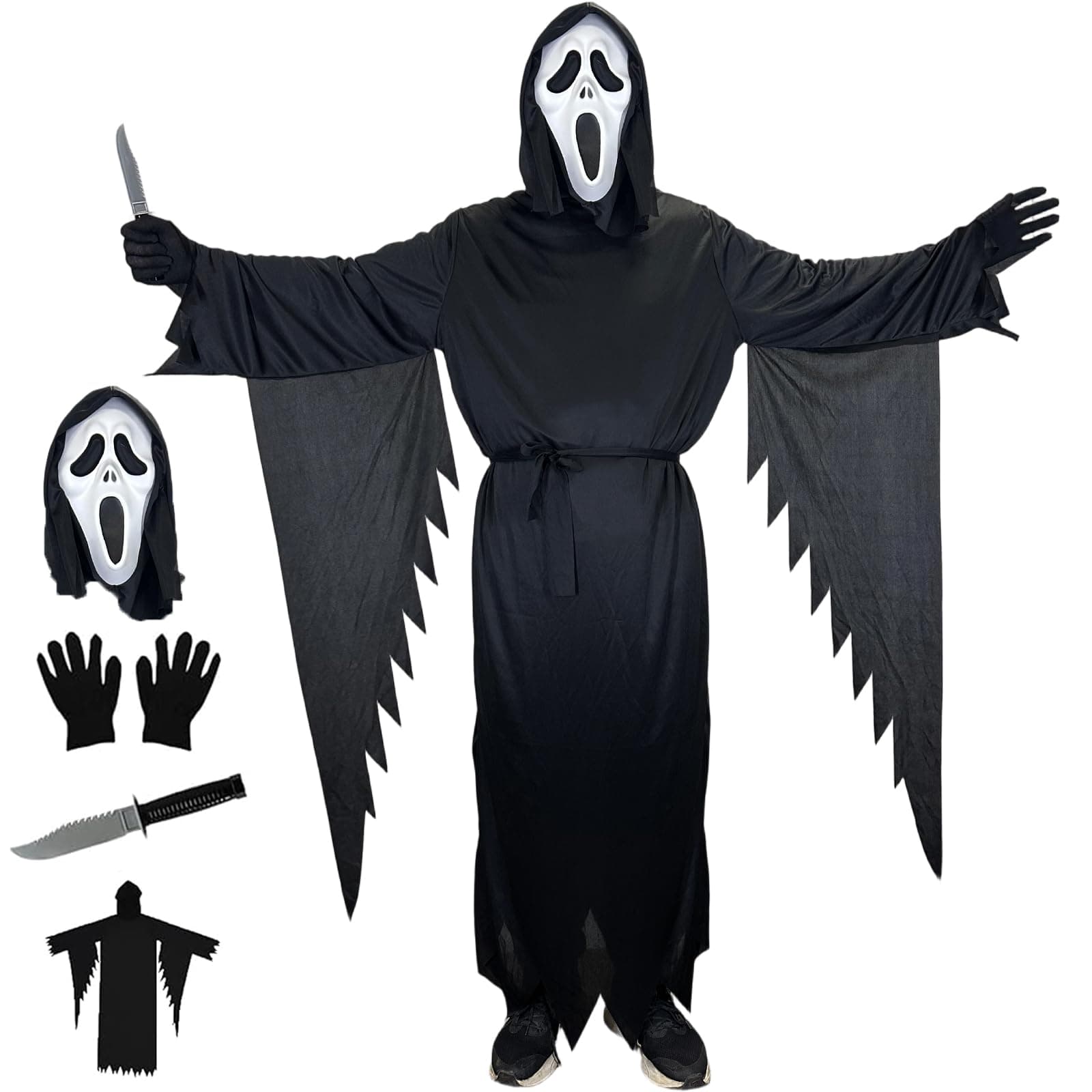 Atsmoce Halloween Scream Kostüm, Gruselig Scream Costume, Scary Movie Kostüm, mit maske, handschuhe, plastikdolch, für Kind & Adult Angebot bei HelloDeals