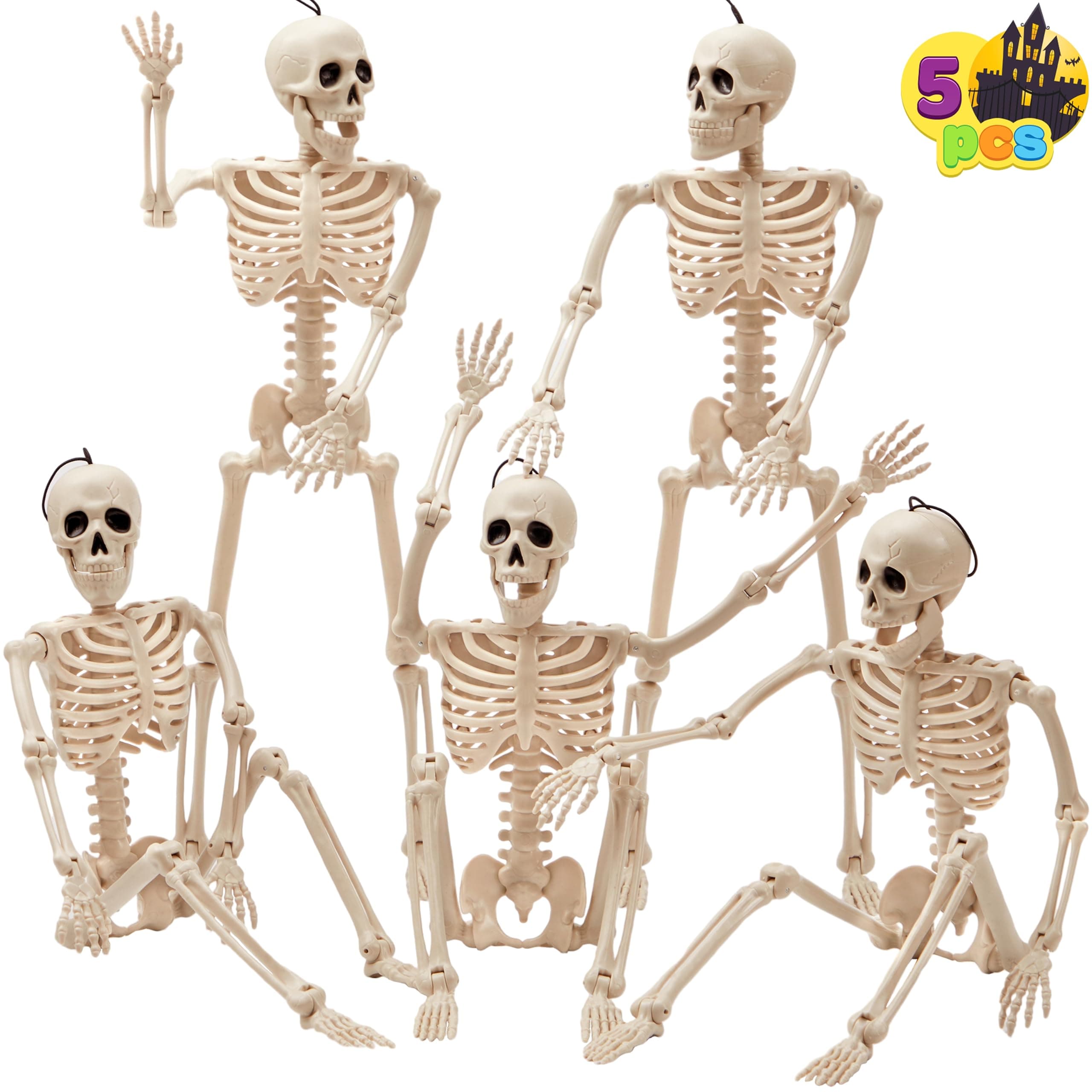 JOYIN 5 Stück Halloween Skelett deko,40.6 cm Ganzkörper bewegliche Gelenke hängende Skelette für Friedhofsdekorationen Halloween Hause Party Dekoration Spukhaus Zubehör Angebot bei HelloDeals