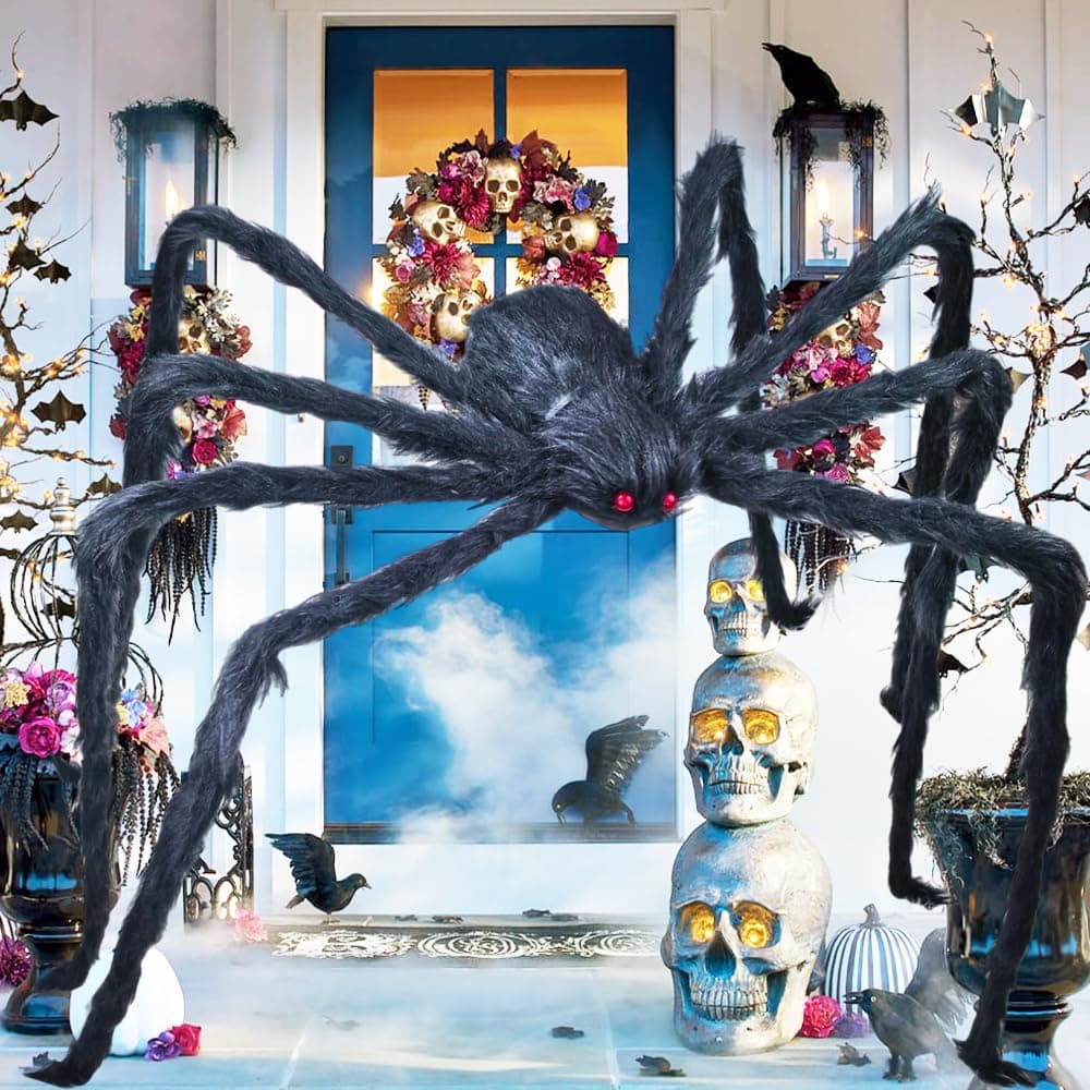 2 Meter Haarige Spinnen Dekoration Halloween, 200cm Groß Gruselige Spinnen Gefälschte Schwarz Haarige,Riese 2M Realistische Riesig Spinne mit Roten Augen Deko für Außen Innen Party, Garten, Spukhäuser Angebot bei HelloDeals