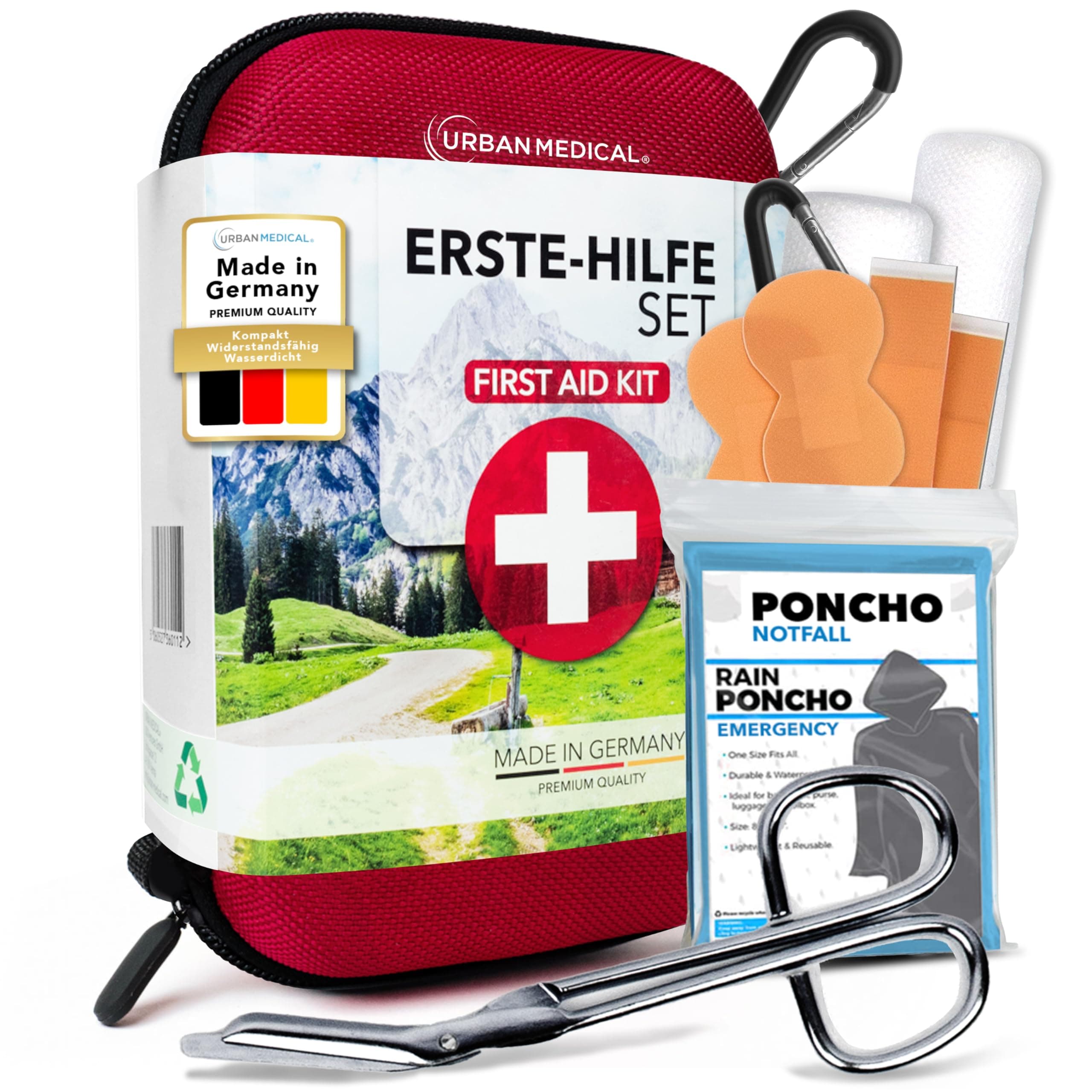 URBAN MEDICAL Outdoor Erste Hilfe Set aus Deutschland - Vollausgestatteter Verbandskasten inkl. Malteser Notfallbroschüre, Rettungsdecke und Regenponcho - Für Auto und Fahrrad DIN13167 Angebot bei HelloDeals