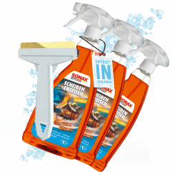 Auto Scheibenenteiser Set | 3X Sonax Scheiben Enteiser Spray Sweet Home 1 Liter für Autoscheiben + 1x Murska Eiskratzer mit Messingklinge | Enteiserspray für klare Sicht 3x Scheibeneteiser + 1x Eiskratzer
