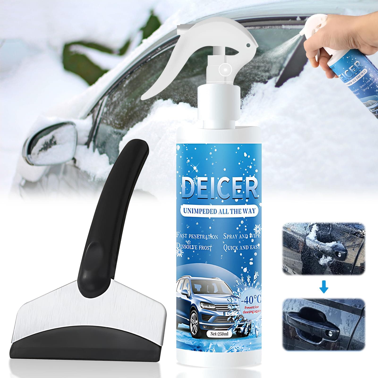 Miioto Enteiserspray Auto Scheibe, Scheibenenteiser Spray, Entfroster Spray Auto, Equipped with Special Scraper, Entfernen sie Schnell EIS und Schnee von Autoscheiben und Windschutzscheiben - 250ml Angebot bei HelloDeals
