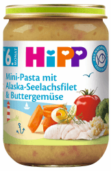 HiPP Mini-Pasta mit Alaska-Seelachsfilet und Buttergemüse, 6er Pack (6 x 190 g)