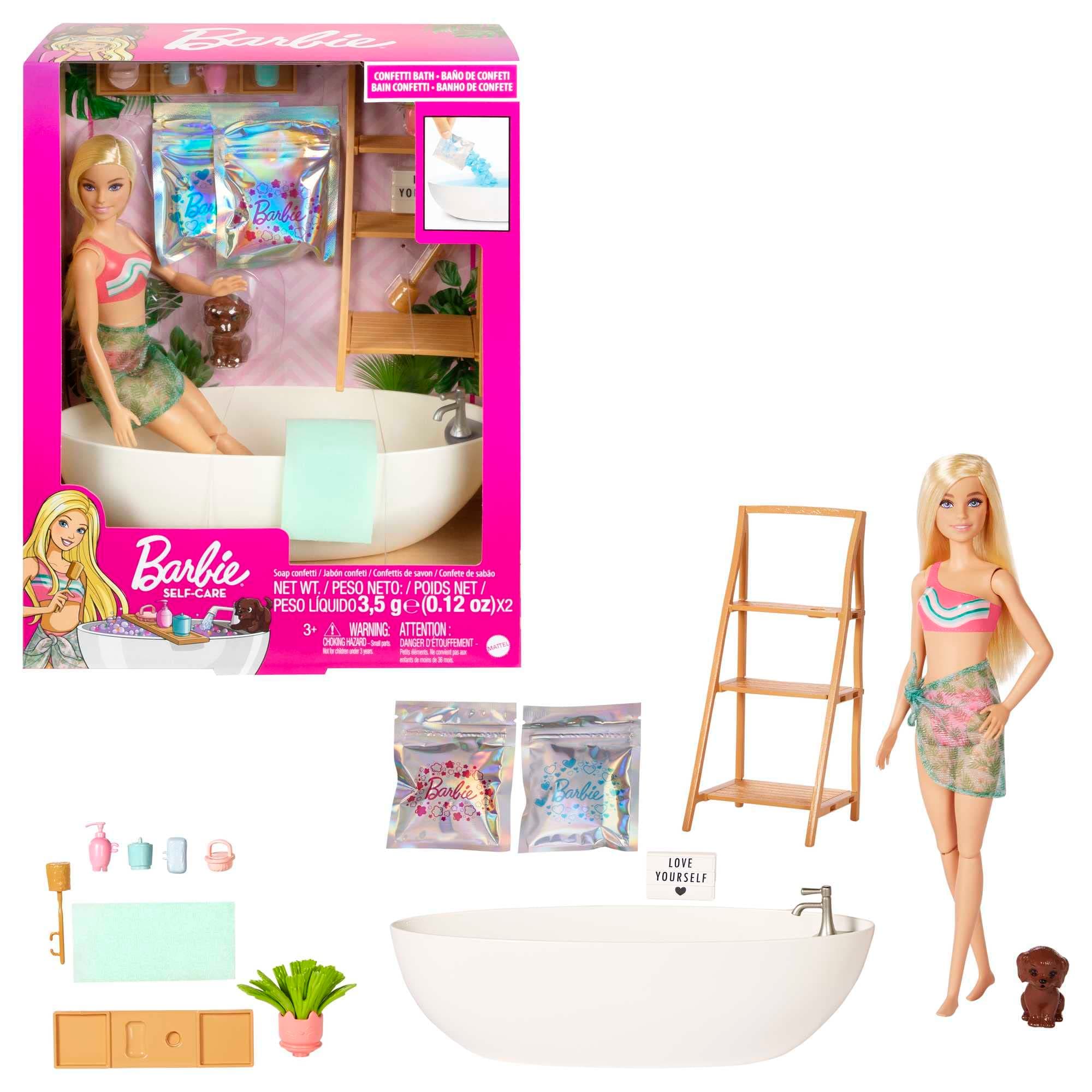 Spielset mit Barbie-Puppe mit Hündchen und Badewanne, Kinderspielzeug, Blond, farbenfrohe Konfettiseife und Zubehör, Thema Selbstfürsorge und Wellness, HKT92 Spielset mit Blond Barbie Angebot bei HelloDeals