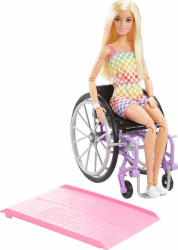 Barbie Fashionista-Puppe, Rollstuhl mit blonden Haaren und Regenbogen-Jumpsuit, Rollstuhl und Rampe, Puppe inklusive, Geschenk für Kinder, Spielzeug ab 3 Jahre,HJT13 Barbie mit glatte blonde Haaren