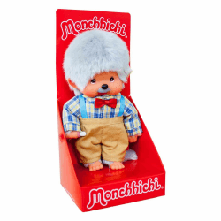 Sekiguchi 233140 - Original Monchhichi Großvater, Plüschfigur mit kariertem Hemd, Fliege und beigefarbener Hose, ca. 20 cm großes Kuscheltier aus grauem Plüsch