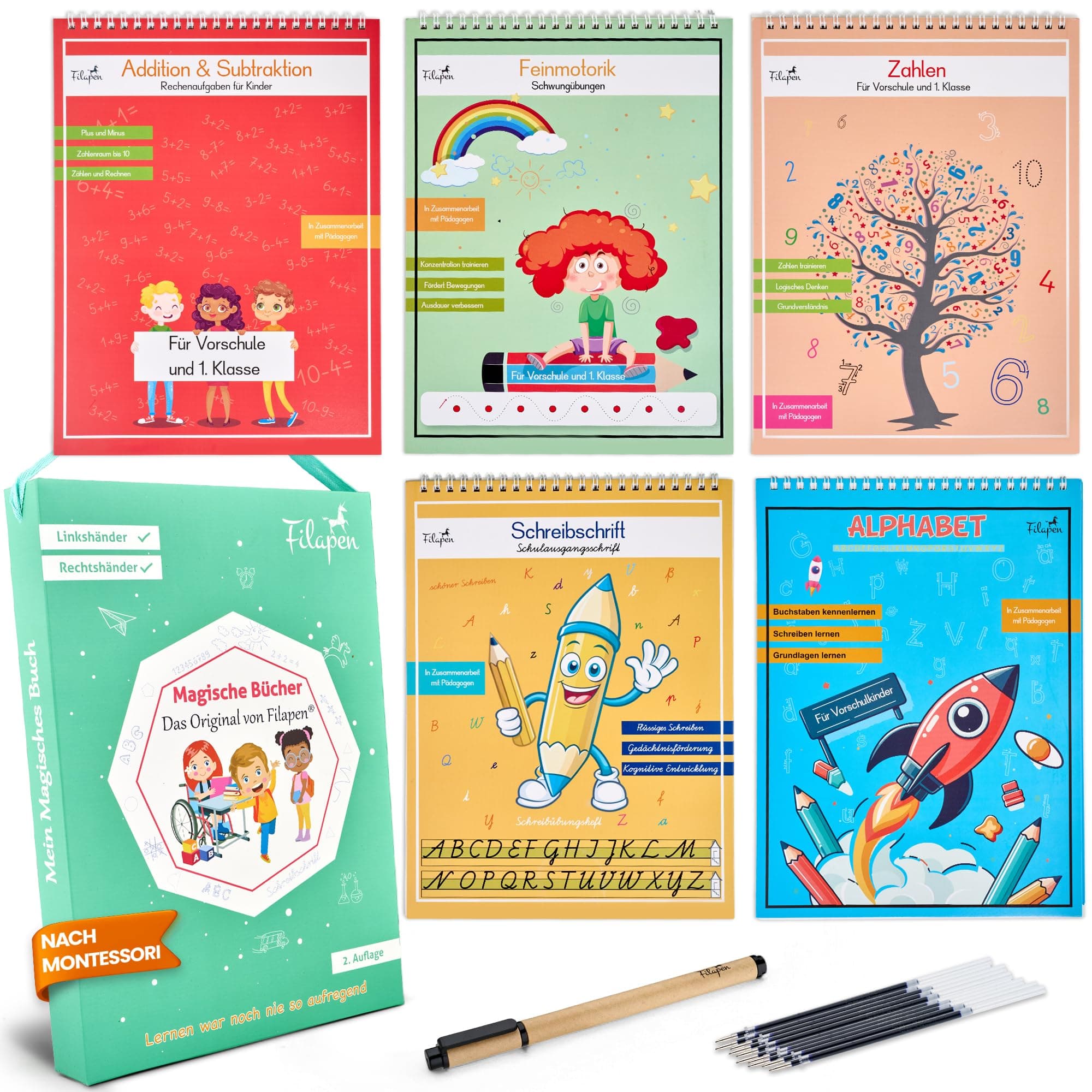 Filapen® Magische Vorschulhefte ab 4 Jahren – 5 Übungshefte + Stift (wiederverwendbar) – Schreiben & Rechnen lernen, Buchstaben & Zahlen üben – Für Linkshänder und Rechtshänder Version 2.0 Angebot bei HelloDeals