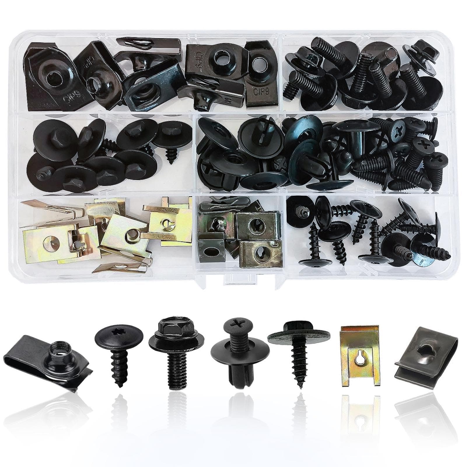 Packung mit 64 Schrauben Mutter Clip Satz, Auto Karosserie Unterbodenschutz Schrauben, Metall U Typ Montage Clip, Kotflügel Clips, Edelstahl Blech Mutter Set für Auto-Motorrad 1