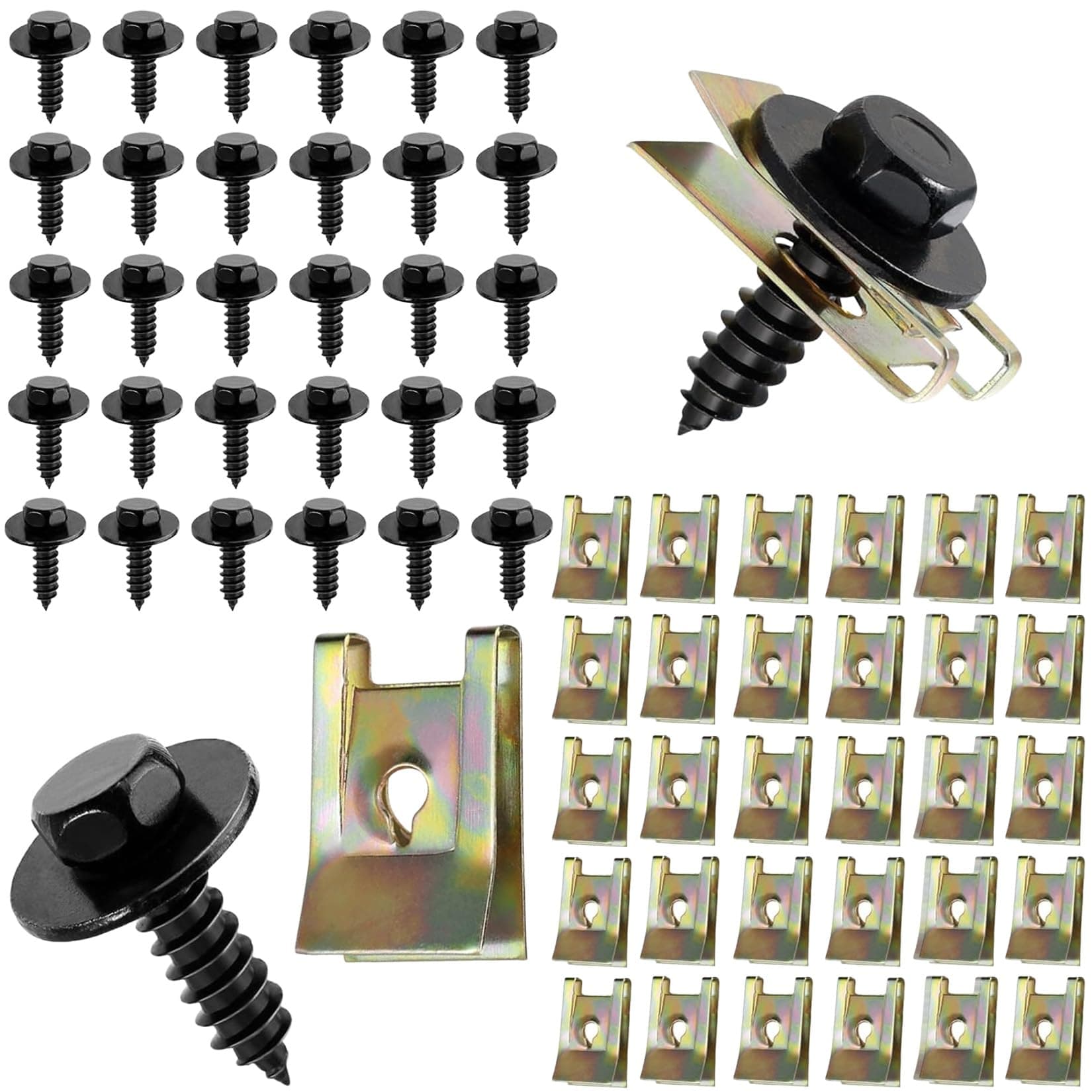zrfgbxim 60 STK Blechmutter Schraube Mutter Clip Kit: 30 KFZ Karosserieschrauben 30 U Typ Kotflügelclip Blechmuttern Befestigung Clips, Karosserie Klemmen Schnappmutter Set, Blechschrauben Angebot bei HelloDeals