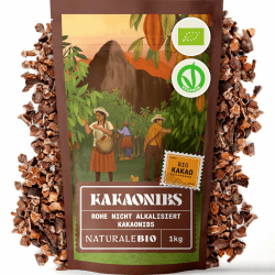 NaturaleBio Roh Kakao Nibs 1Kg. Organic Raw Cacao Nibs. Rohkost, natürlich und rein. Produziert aus der Theobroma Pflanze. Quelle für Magnesium, Kalium und Eisen. 1 kg (1er Pack)