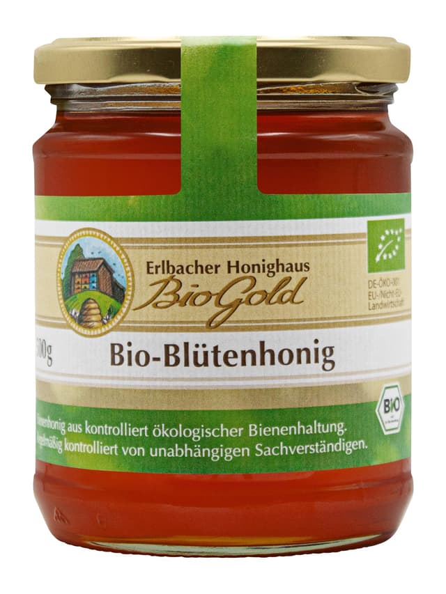 Erlbacher Honighaus BioGold Bio-Blütenhonig 500g flüssig - Aromatisch-vollmundiger und flüssiger Honig aus ökologischer Bienenhaltung (1 x 500g) (Die Verpackung kann variieren) flüssig 500 g (1er Pack)