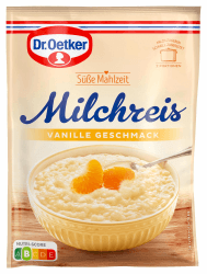 Dr. Oetker Süße Mahlzeit Milchreis Vanille-Geschmack, 16er Pack (16 x 125 g) Mischung für Milchreis für Milchreis mit Vanille-Geschmack als schnelle Zwischenmahlzeit