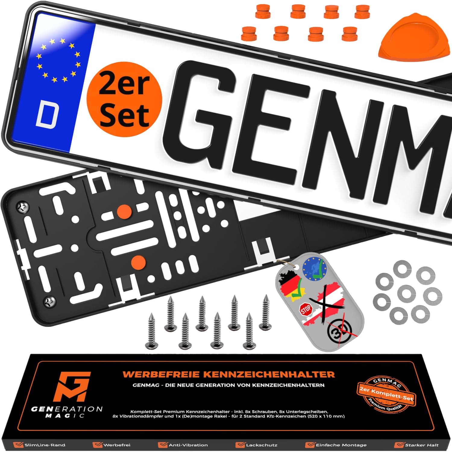GENMAG® Kennzeichenhalter Rahmenlos [Legal & Universal] Nummernschildhalterung Auto | Rahmenlose Kennzeichenhalter Schwarz | Kennzeichenhalterung | Kfz Kennzeichen Halterung | Nummernschildhalter Schwarz - Für 2 Kennzeichen