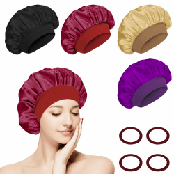 Flintronic 4PCS Satin Haarhaube, Satin Seiden Schlafmütze, Nacht Schlafhaube, Schlafhaube Haare Schützen, Satinhaube Zum Schlafen, Für Damen Und Mädchen Khaki + Schwarz + Rot + Lila