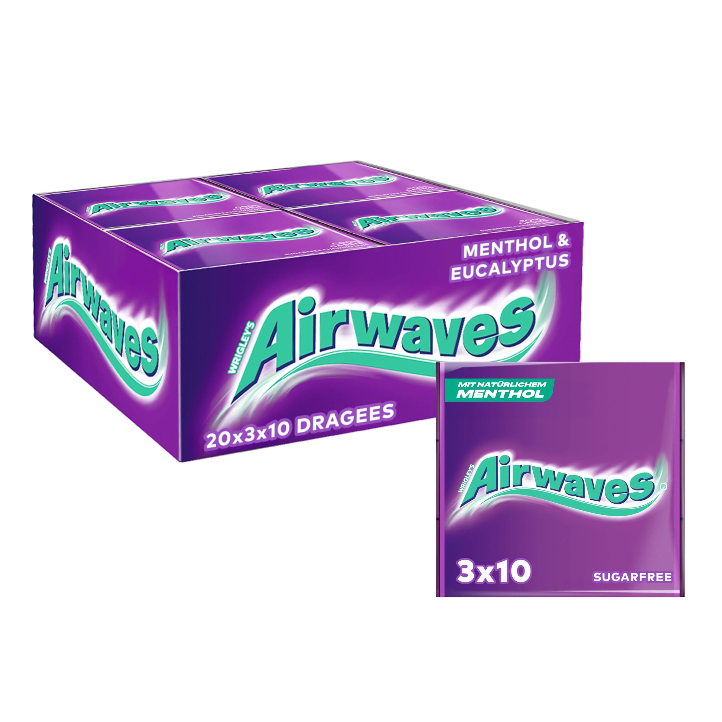 Airwaves Kaugummi | Cool Cassis | Lila, zuckerfrei | 20 x 3 Packungen (20 x 3 x 10 Dragees) Cool Cassis 30 Stück (20er Pack)
