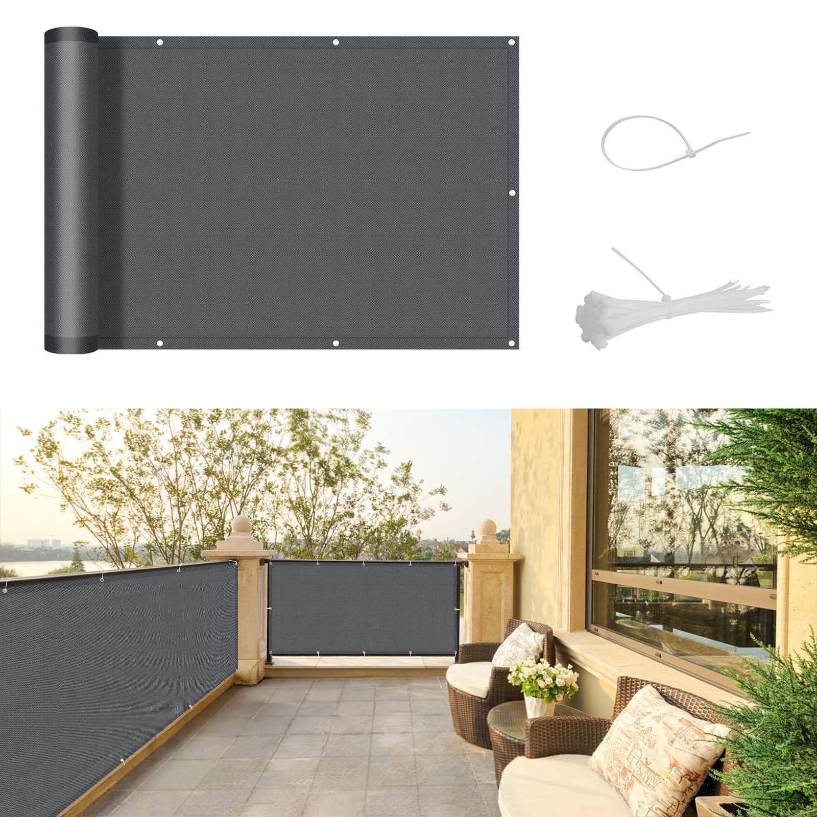SUNNY GUARD Balkon Sichtschutz 90x800cm Balkonverkleidung Balkonabdeckung Balkonumspannungen UV-Schutz Wind und wetterfest mit Kabelbinder,Anthrazit 0.9x8m Anthrazit Angebot bei HelloDeals