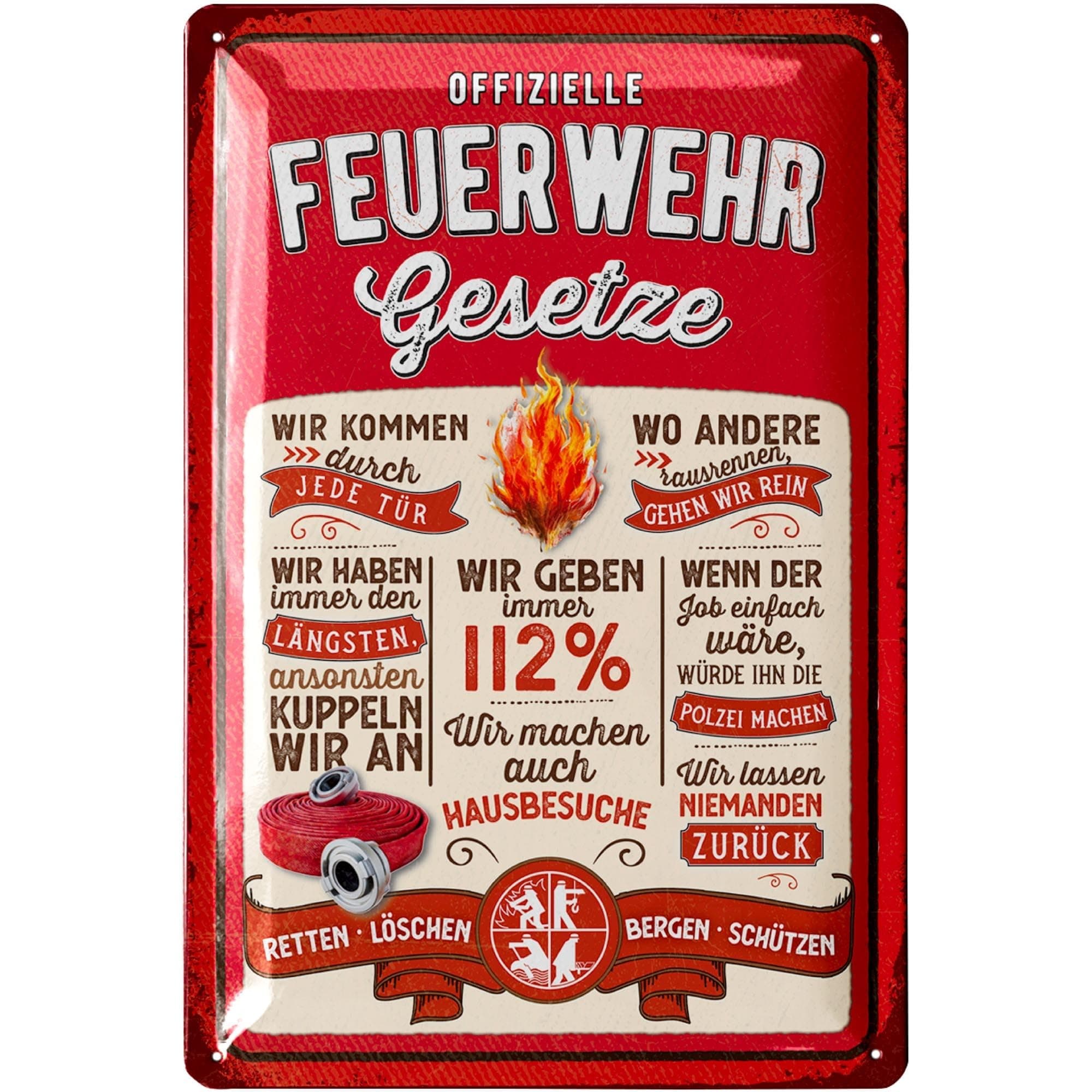 Retro Blechschild Feuerwehrgesetze - Feuerwehrmann Geschenke für Männer, Geschenkideen für Männer, Feuerwehr Deko Schild - Metallschild mit Spruch in 20x30cm