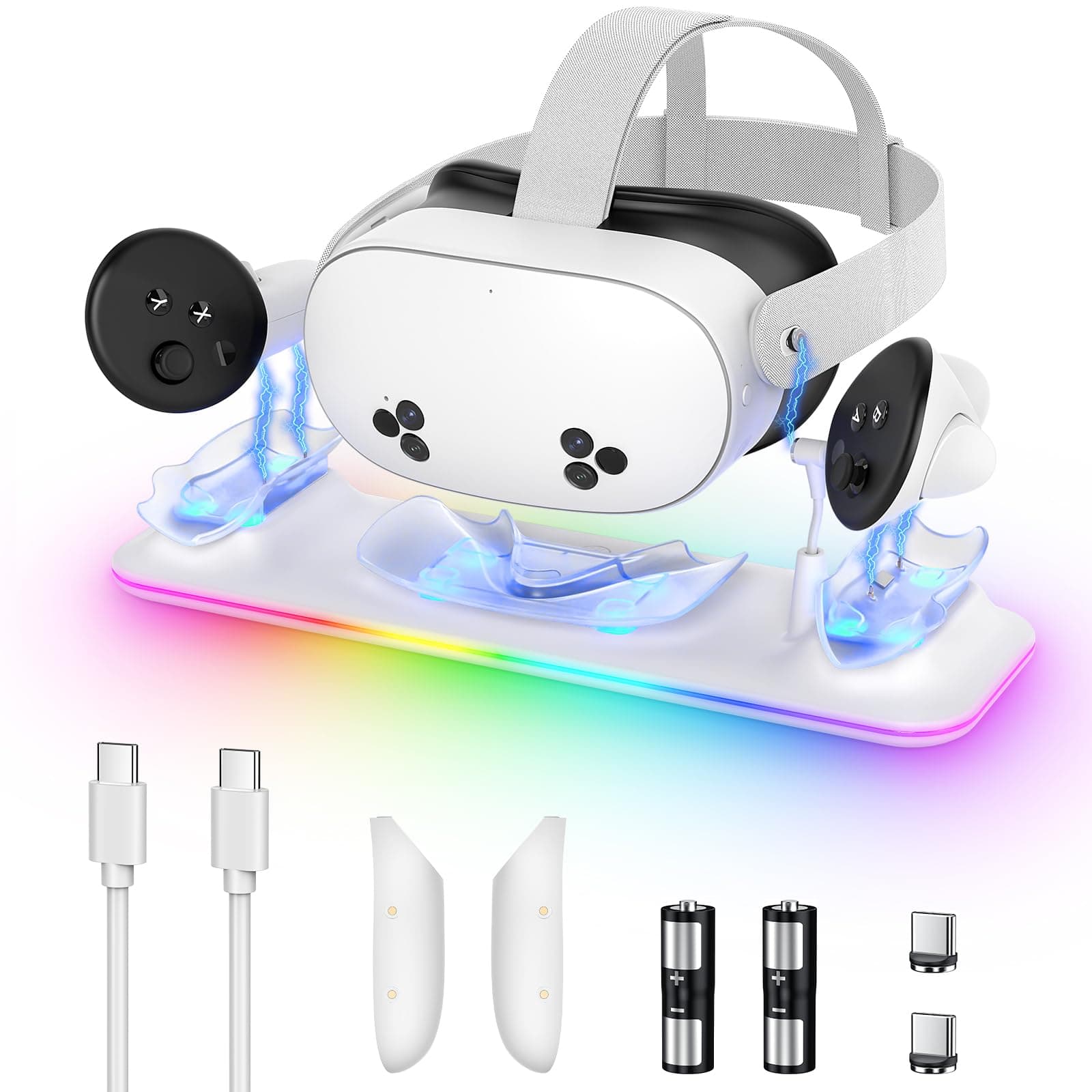 Ladestation für Meta Quest 3S/3, Kinwin Magnetische Ladestation für Oculus Quest 3S/3 Zubehör mit RGB Licht, Ladeständer für VR Headset und Controller mit 2 wiederaufladbaren Akkus Angebot bei HelloDeals