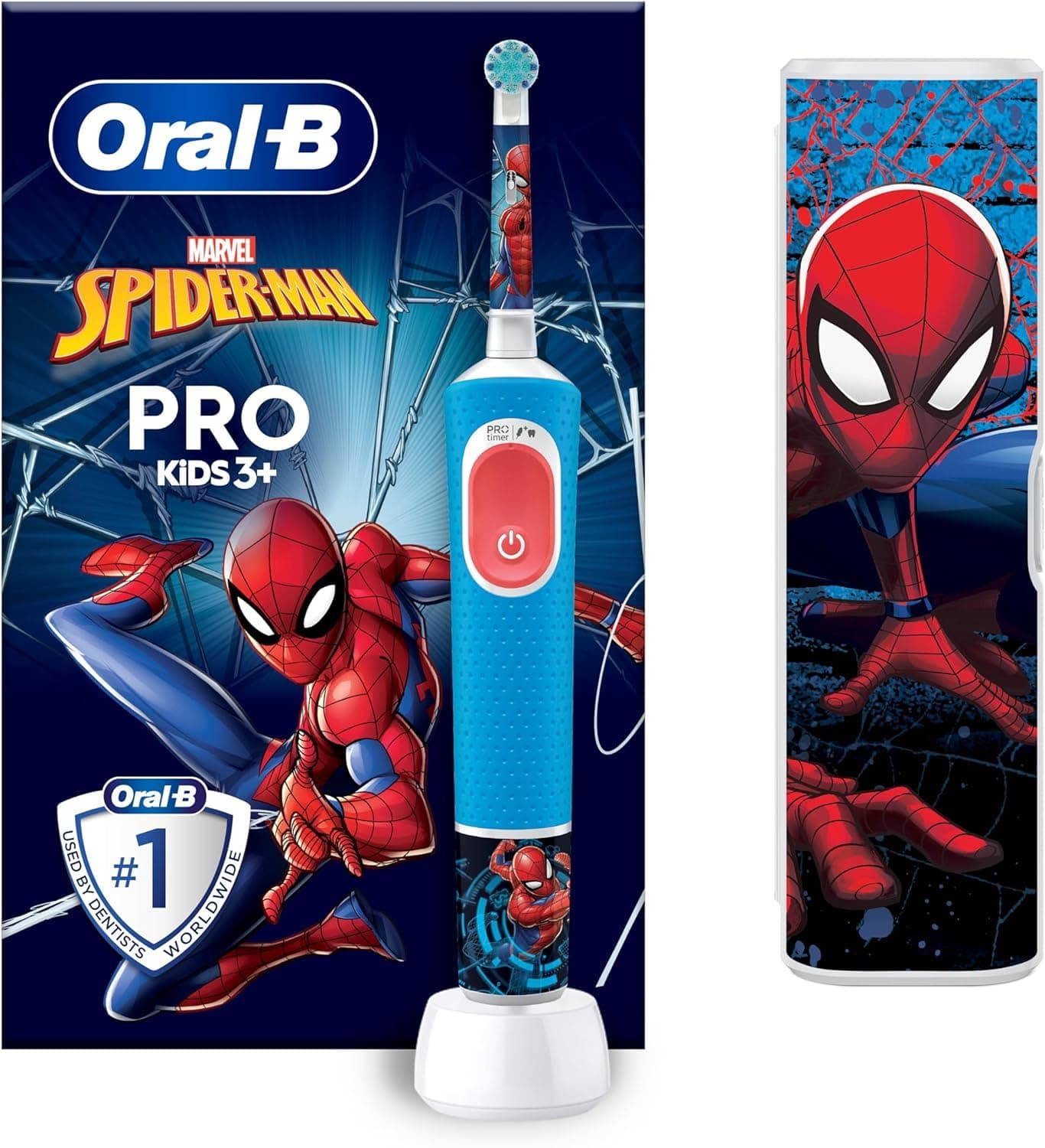 Oral-B Pro Kids Spiderman Elektrische Zahnbürste für Kinder — Electric Toothbrush ab 3 Jahren — Inkl. 1 Aufsteckbürste & Zahnbürsten-Sticker, Reise-Etui, Blau/Rot Spiderman mit Reiseetui Angebot bei HelloDeals