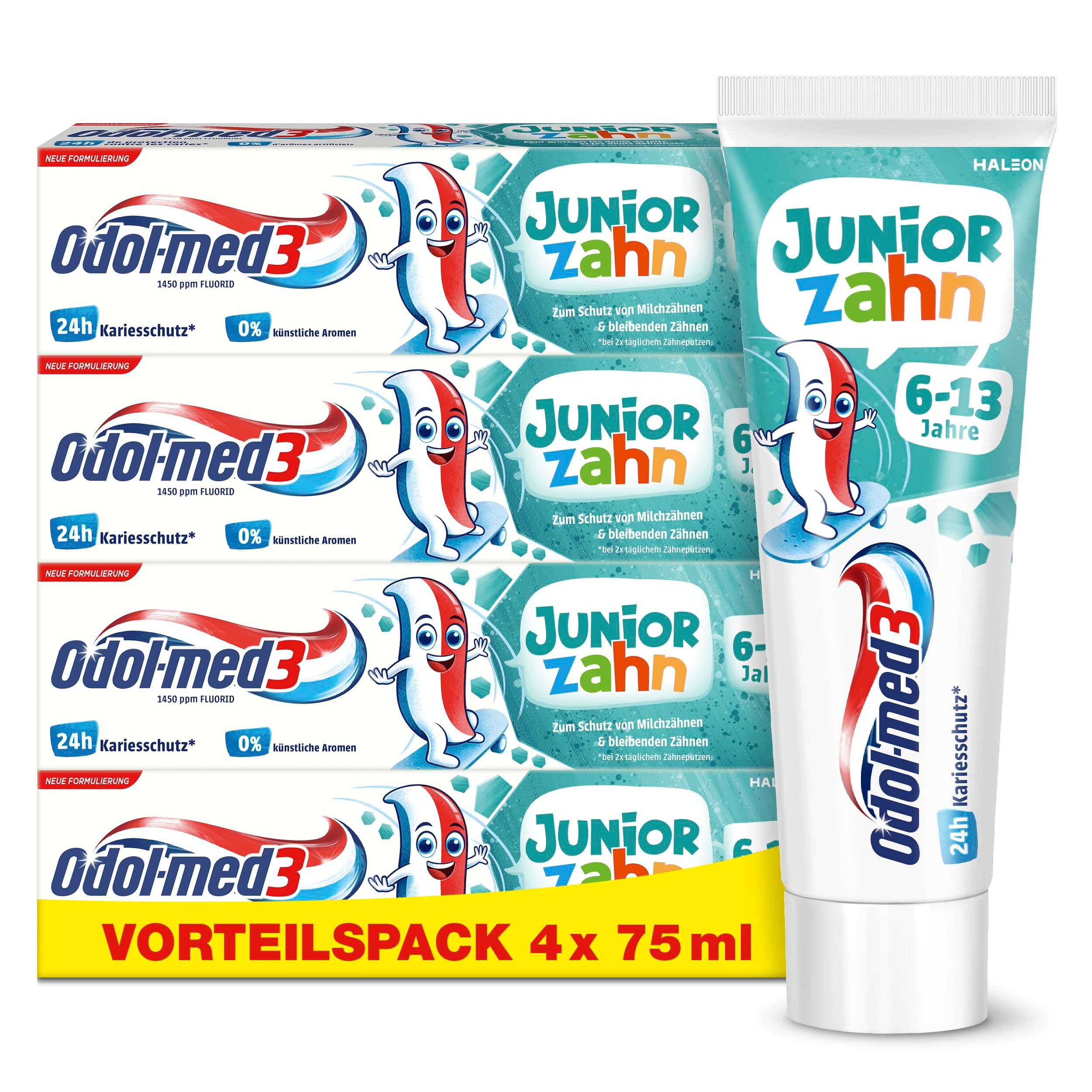 Zahncreme - Odol-med3 Juniorzahn, Zahnpasta Kinder ab 6 Jahren, Zahncreme zum Schutz von Milchzähnen und bleibenden Zähnen, ohne Titandioxid, künstliche Aromen & Süßstoffe, 75ml Angebot bei HelloDeals