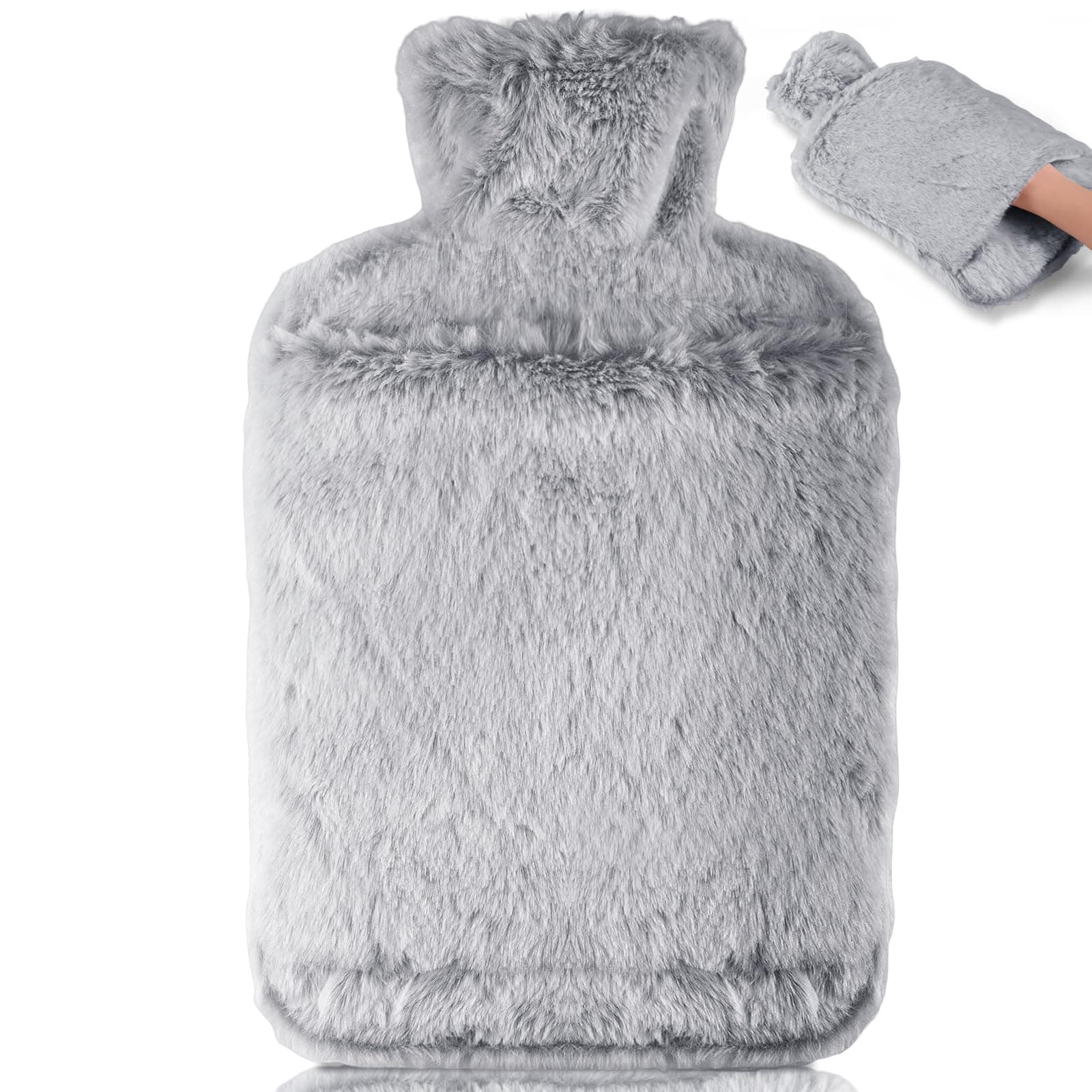 Wärmflasche mit Weichem Bezug –Auslaufsicher 2L Groß Wärmflaschen mit Känguru-Tasche,Naturkautschuk +Bettflasche Flauschig,Geschenke für Männer Frauen (Grau) Angebot bei HelloDeals