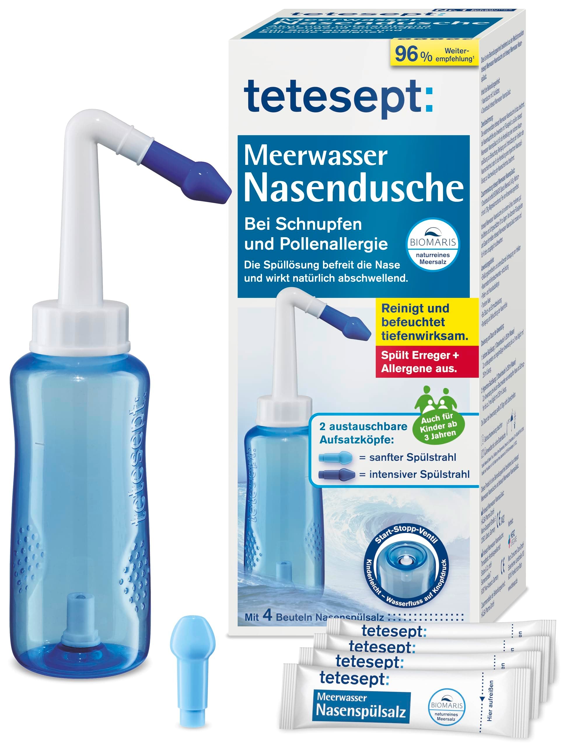tetesept Meerwasser Nasendusche bei Schnupfen und Pollenallergie – Inkl. 4 Beutel Nasenspülsalz - Zur Nasenspülung mit zwei austauschbaren Aufsätzen auch für Kinder geeignet Angebot bei HelloDeals
