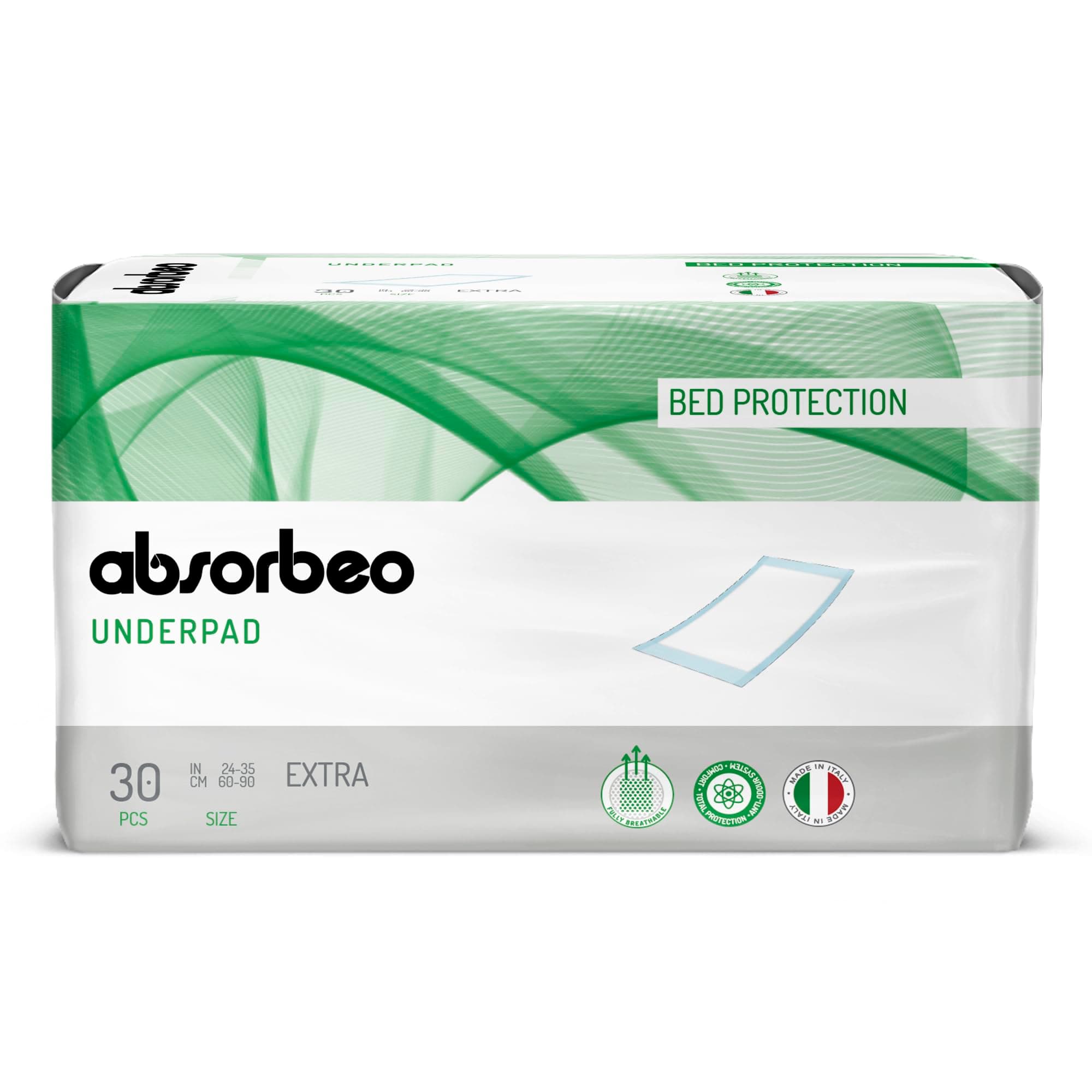 Absorbeo EXTRA Bettschutzunterlagen 30 Stück, Super Dry Effekt, Komplettschutz, Hypoallergen, Vollständig Atmungsaktiv, Größe 60 X 90 cm Angebot bei HelloDeals