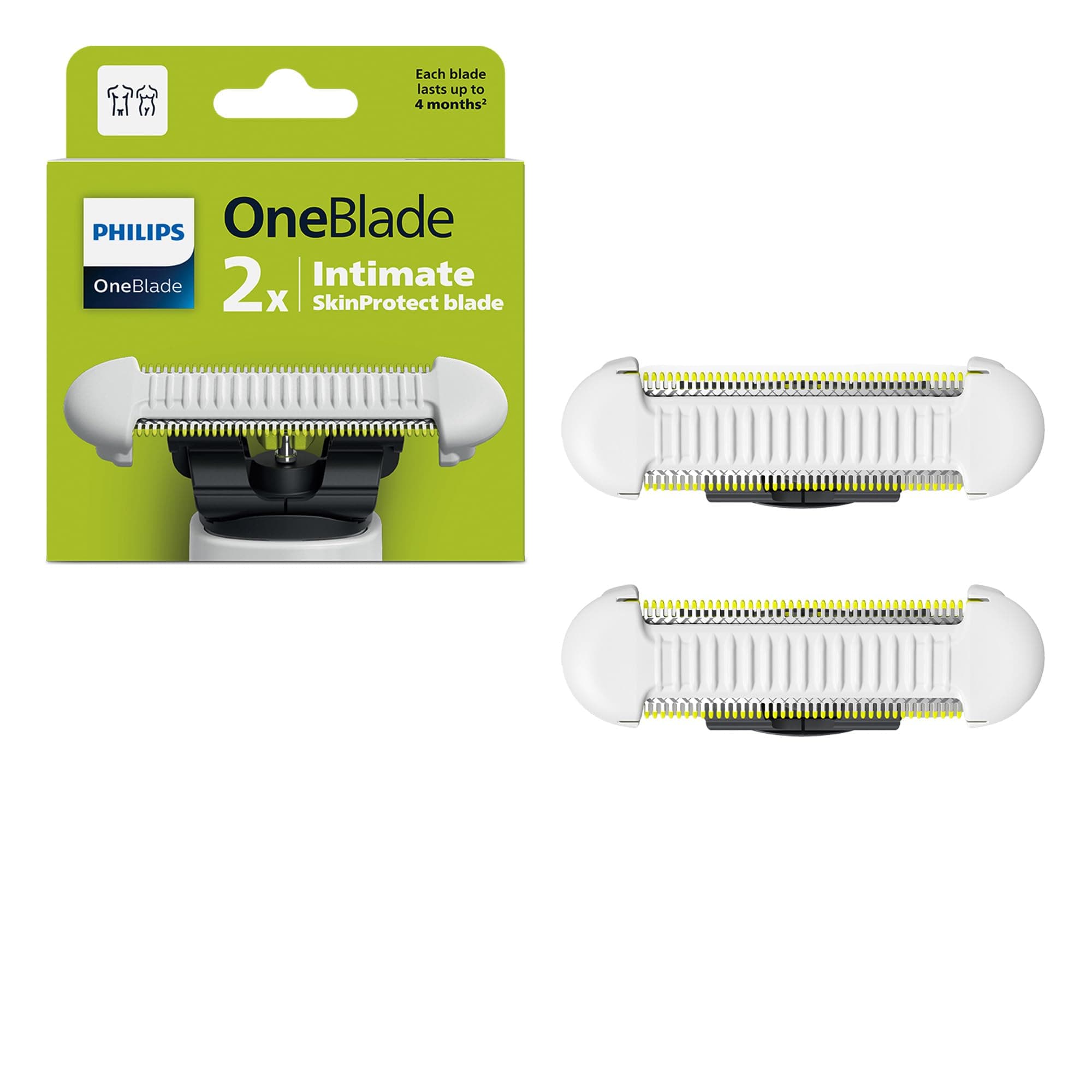 Philips OneBlade Intimate Klingen, für alle OneBlade und OneBlade Pro Modelle, SkinProtect Klingen zum Trimmen und Rasieren des Intimbereichs mit zusätzlichem Hautschutz, 2er-Pack (Modell QP229/50) Angebot bei HelloDeals