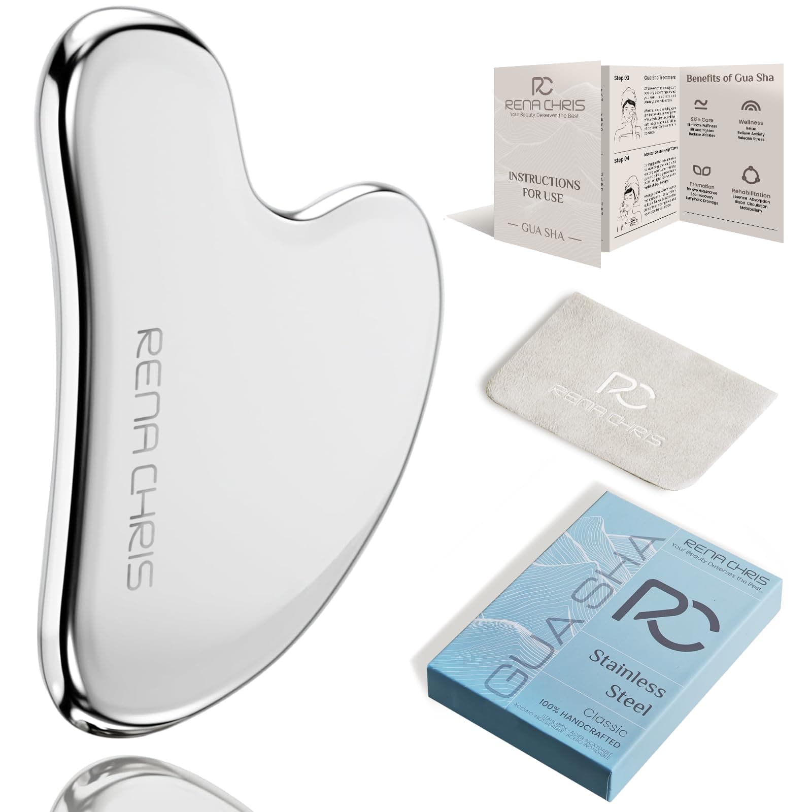 Rena Chris Edelstahl Gua Sha Stein, Guasha Stein für Kieferlinien-Straffung und Reduzierung von Gesichtsschwellungen, Hautpflege-Geschenk – Silber Angebot bei HelloDeals