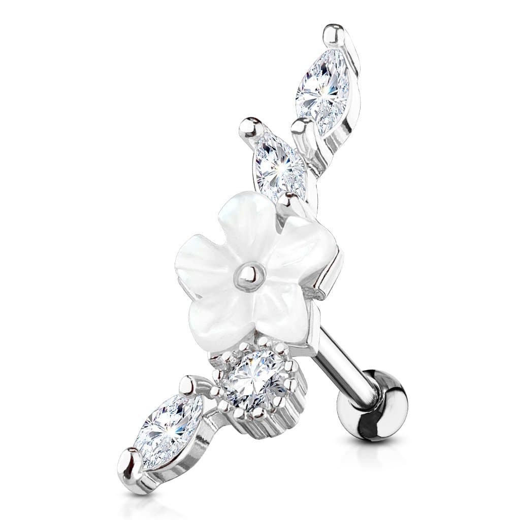 Blume Perlmut Zirkonia Helix Ohrring Piercing Ohr Barbell Chirurgenstahl 316L Silber Angebot bei HelloDeals