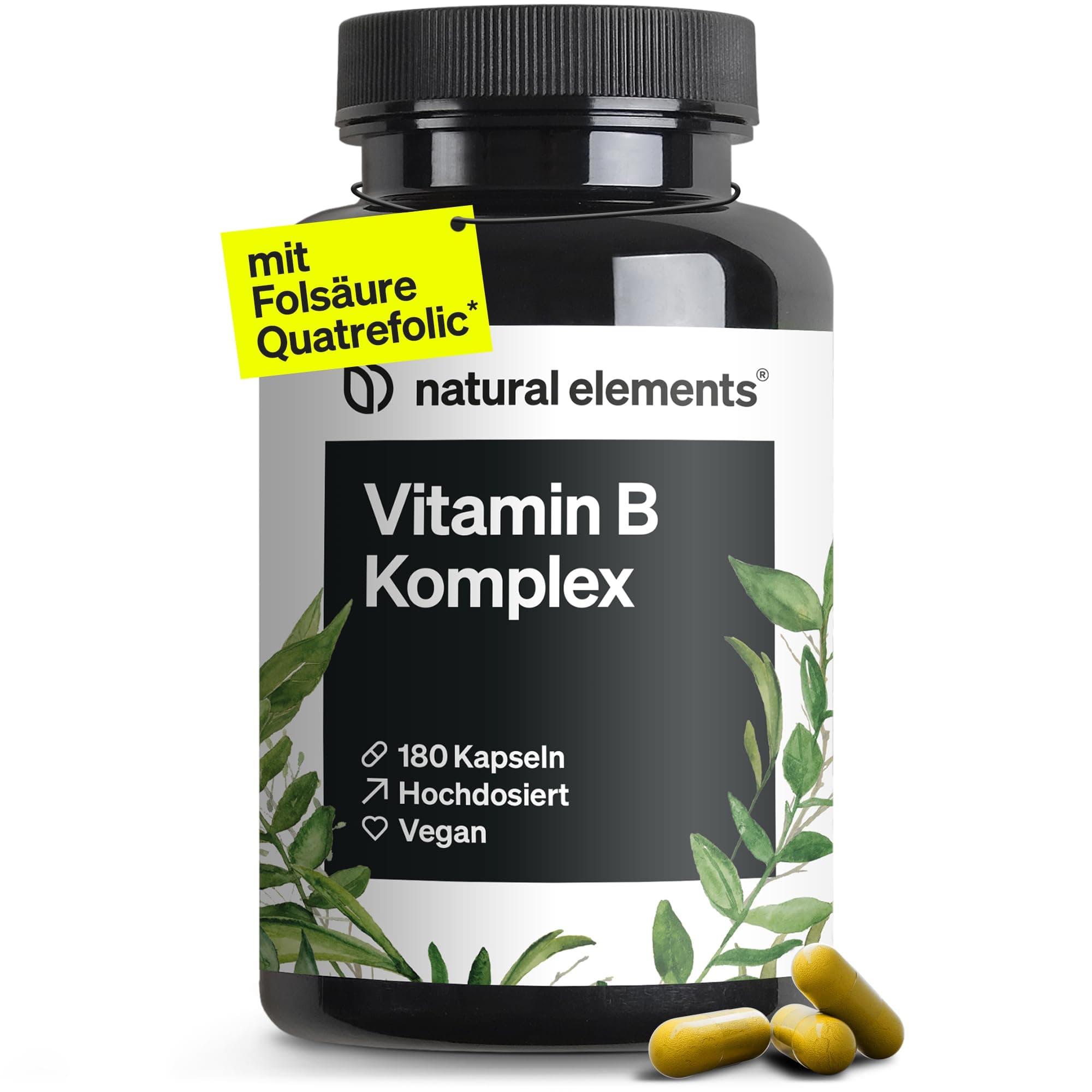 natural elements Vitamin B Komplex - 180 Kapseln - Hochdosiert: Mit 500 µg Vitamin B12 - alle 8 B-Vitamine (B1, B2, B3, B5, B6, B7, B9, B12) - vegan, in Deutschland produziert & laborgeprüft Angebot bei HelloDeals