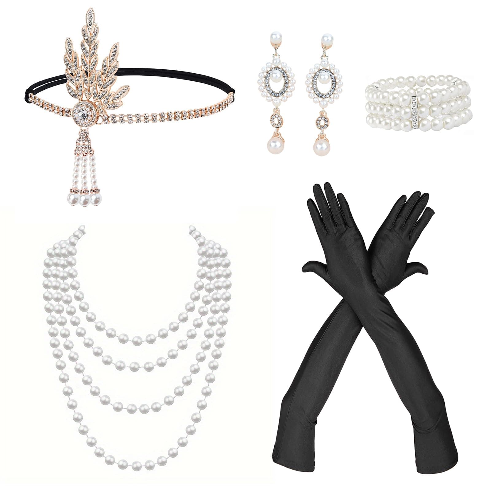 5 Teiliges 20er Jahre Accessoires, Great Gatsby, Damen Charleston Accessoires, mit Perlen Ohrring Halskette Handschuh Armband Kopfbedeckung, für Halloween Weihnachten Elegant Party Abschlussball Angebot bei HelloDeals