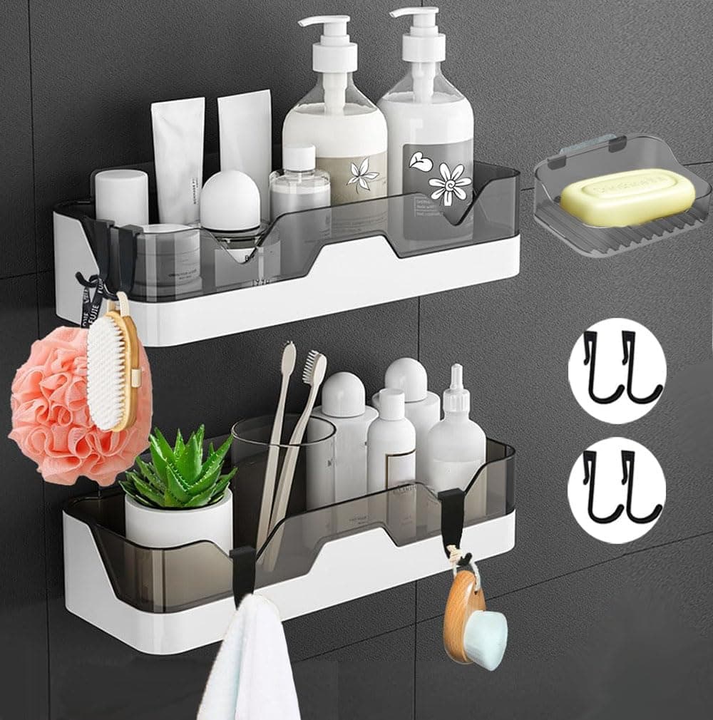2 Stück Badezimmer Regal, Ohne Bohren Badezimmerregale, Duschregal Plastik Duschkörbe an der Wand montiert für Küchen und Badezimmer(mit 1-Seifenschalen und 4-Haken) Schwarz Angebot bei HelloDeals