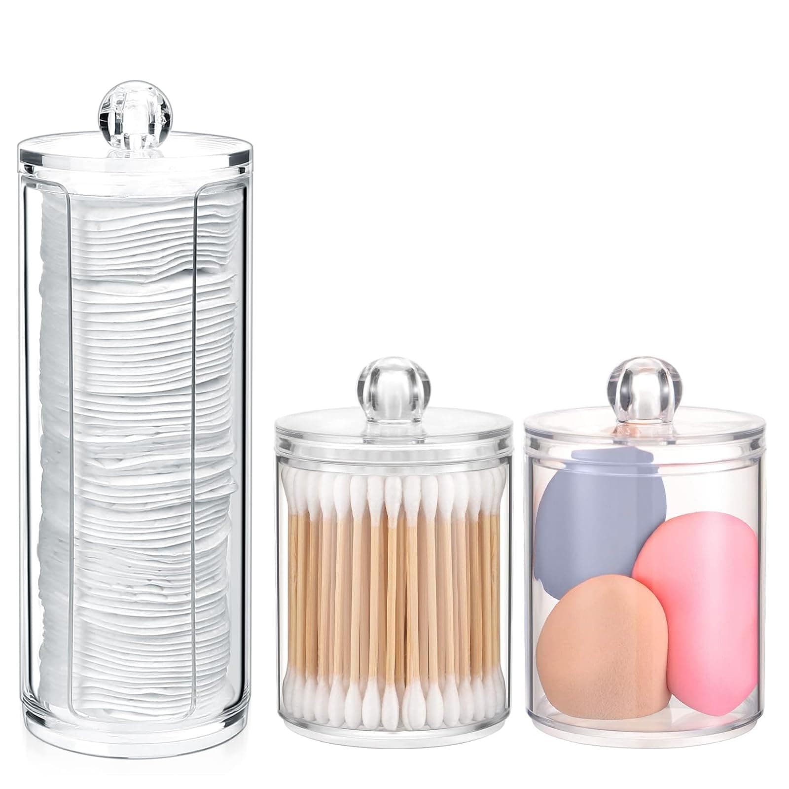 3er Set Kosmetik Organizer – Wattepads Spender & Wattestäbchen Behälter mit Deckel – Transparente Acryl Aufbewahrungsbox für Schminktisch, Badezimmer & Schlafzimmer – Make-up Aufbewahrungssystem Angebot bei HelloDeals
