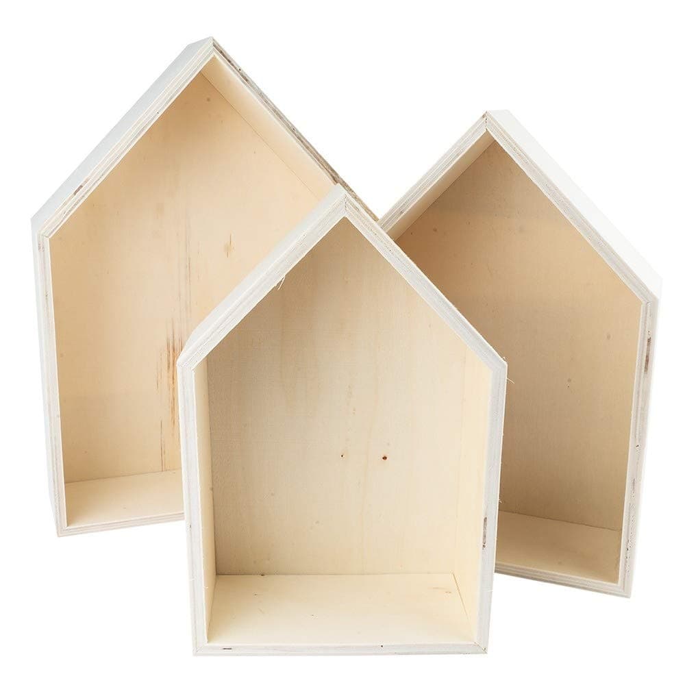 Ideen mit Herz Holzrahmen-Set Haus | 3 Stück | Holzbox in Hausform | Wandregal | Regal | Wanddekoration | zum Basteln und Bemalen | 3 verschiedene Größen | Höhen: 27,3cm, 23,7cm & 20,5cm Angebot bei HelloDeals