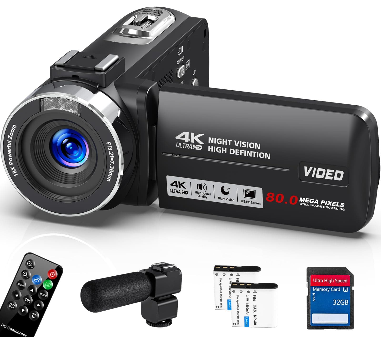 4K 30 fps Camcorder Videokamera 80 MP Digitaler Zoom, 18 x Vlogging-Kamera für Youtube IR-Nachtsicht, IPS-Display 3,0 Zoll (7,6 cm), Camcorder mit 32 GB SD-Karte, Mikrofon, Fernbedienung und Angebot bei HelloDeals