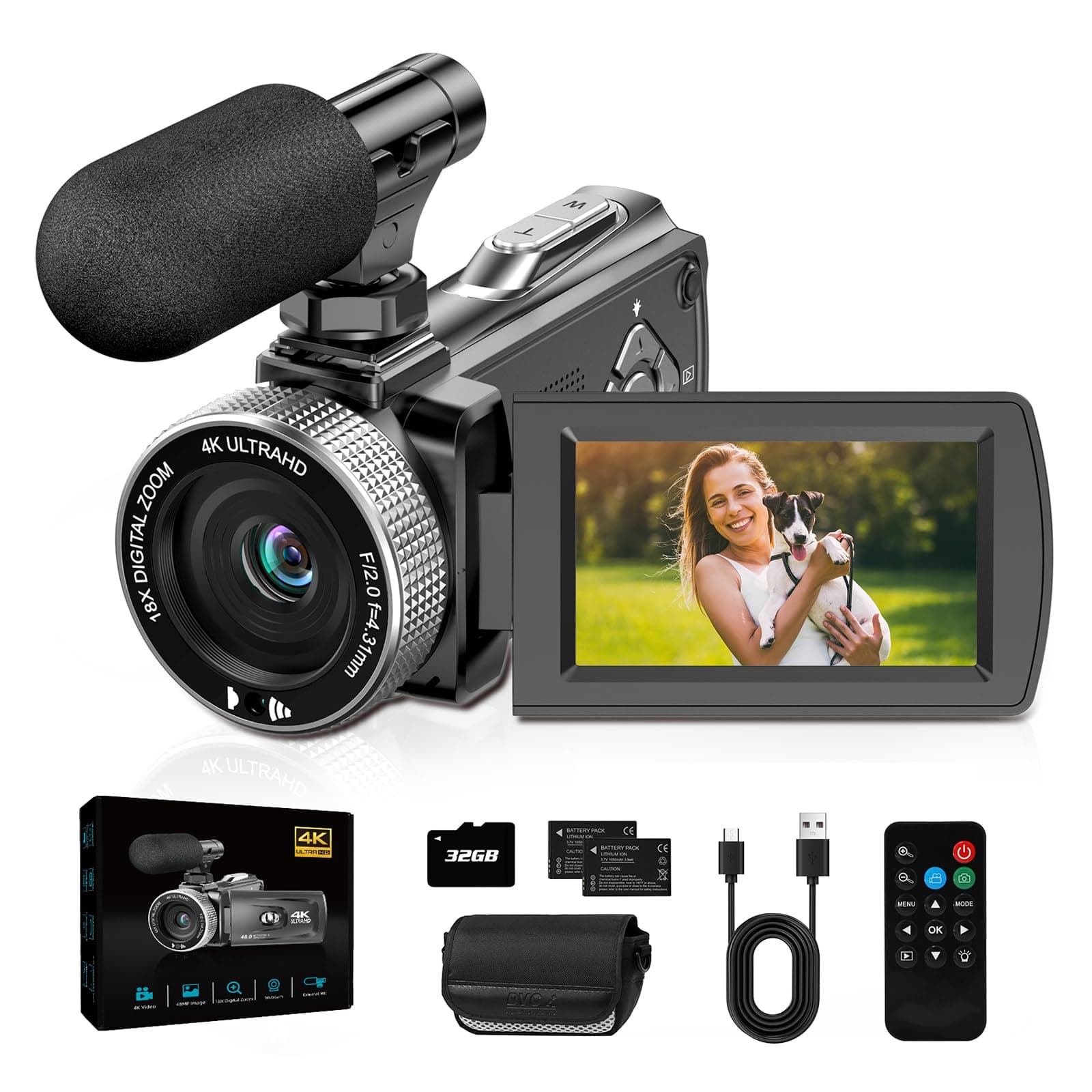 Videokamera 4K Camcorder 48MP, 18X Digital Zoom Video Camera 3.0'' 270° Rotation Screen Vlogging Kamera für YouTube Tiktok, Vlog Camera mit Mikrofon, Fernbedienung, 32GB Karte, 2 Batterien Angebot bei HelloDeals