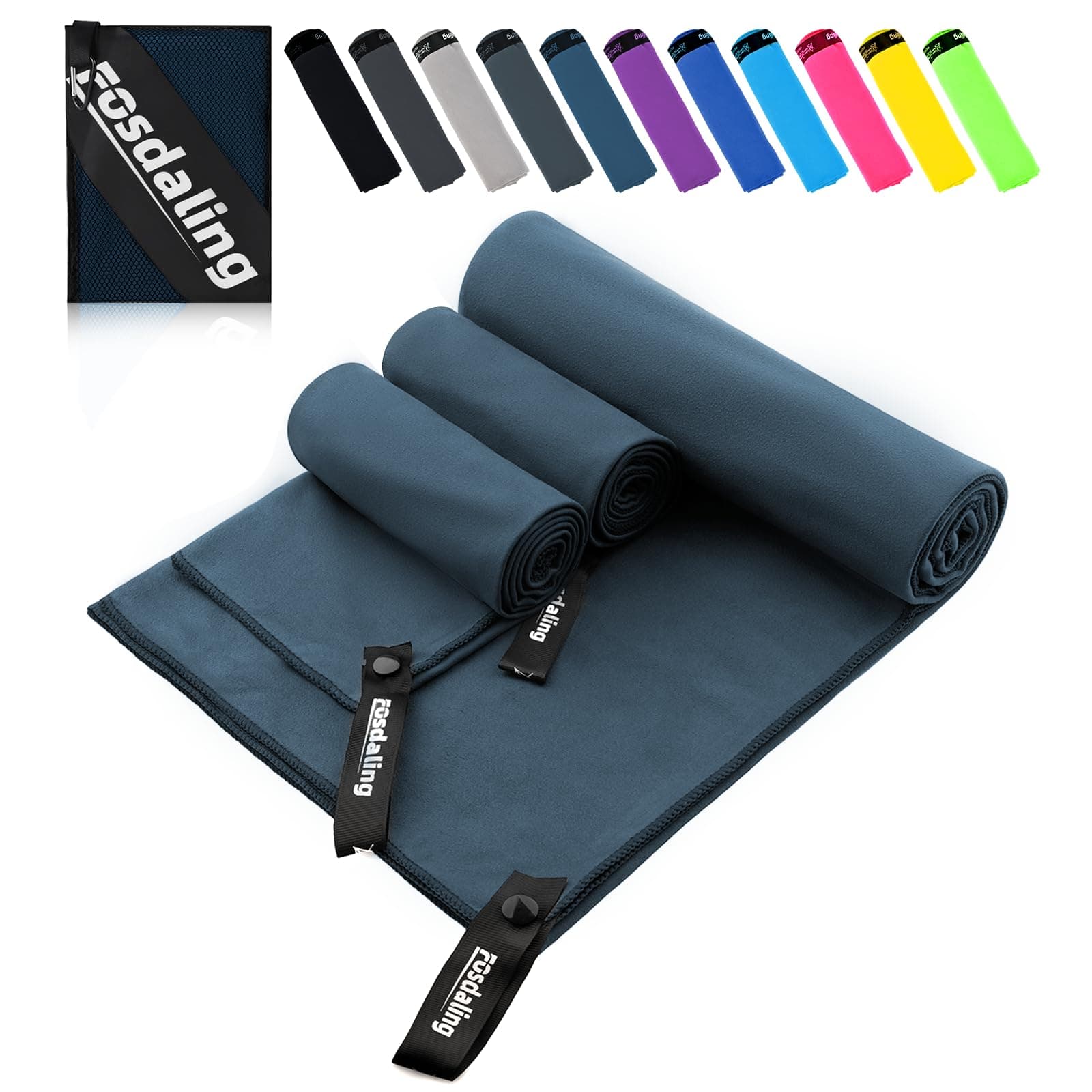 Mikrofaser Handtuch 3er Set - Groß 200×100cm & 2 Klein 80×40cm, Schnelltrocknend Microfaser Sporthandtuch, für Reisehandtuch, Badetuch, Fitness & Sport Handtücher und Strandtuch (Dunkelblau) Angebot bei HelloDeals