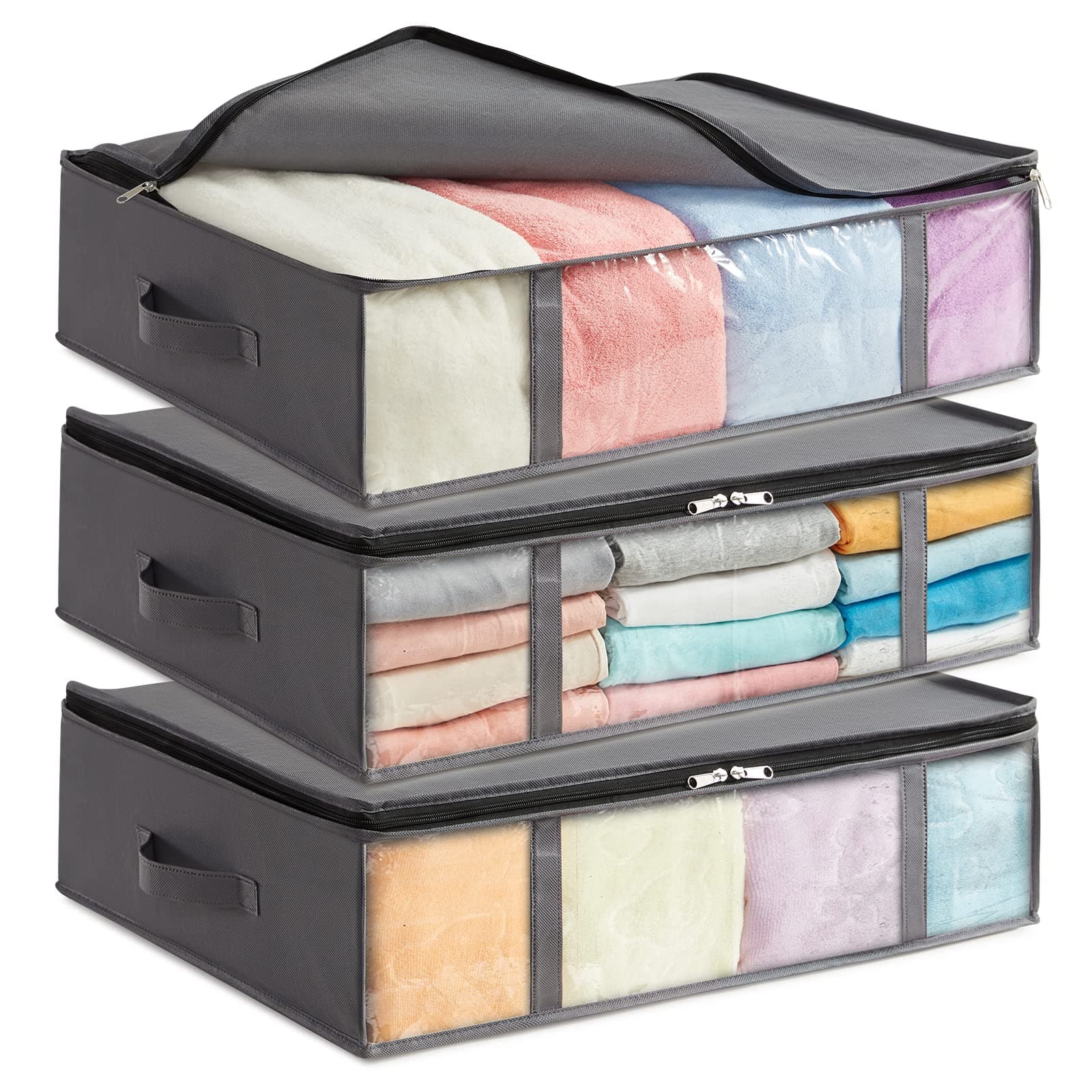 Lifewit 3 Stück 40L Unterbett Aufbewahrungsbox, Faltbare Unterbettkommode Aufbewahrungstasche Storage Boxes mit Deckel, Unterbett Aufbewahrung für Kleider Unterbett Kleiderschrank, Grau 3 40L Angebot bei HelloDeals