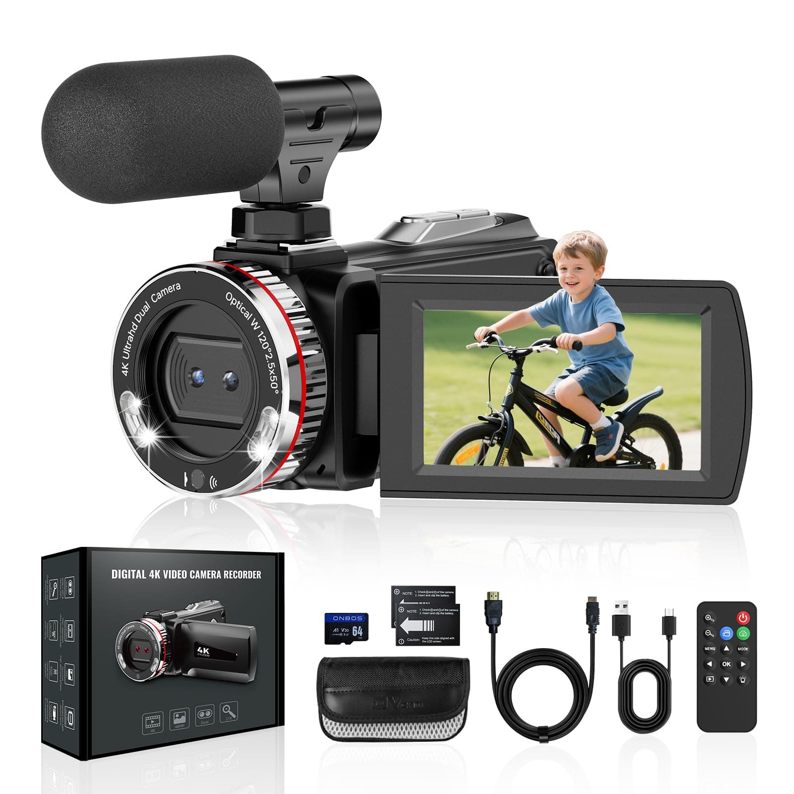 Videokamera 4K Camcorder 48MP 60FPS Vlogging Kamera für YouTube 3.0'' 270°Drehbarer Screen, 21X Digital Zoom Video Kamera mit 64 GB SD-Karte, 2 Batterien, Externem Mikrofon Angebot bei HelloDeals