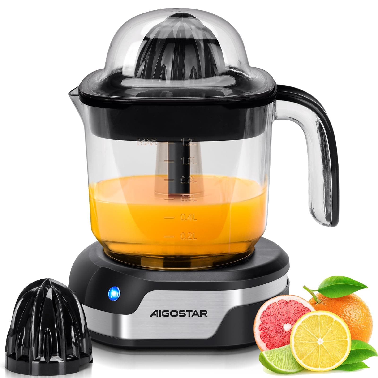 Aigostar Zitronenpresse Elektrisch, 1,2L Großes Volumen, Saftpresse Elektrisch mit LED-Arbeitslampe und 2 abnehmbaren Kegeln, 40 W, Zitruspresse 2 Drehrichtungen, Edelstahlsockel, Juicy Angebot bei HelloDeals