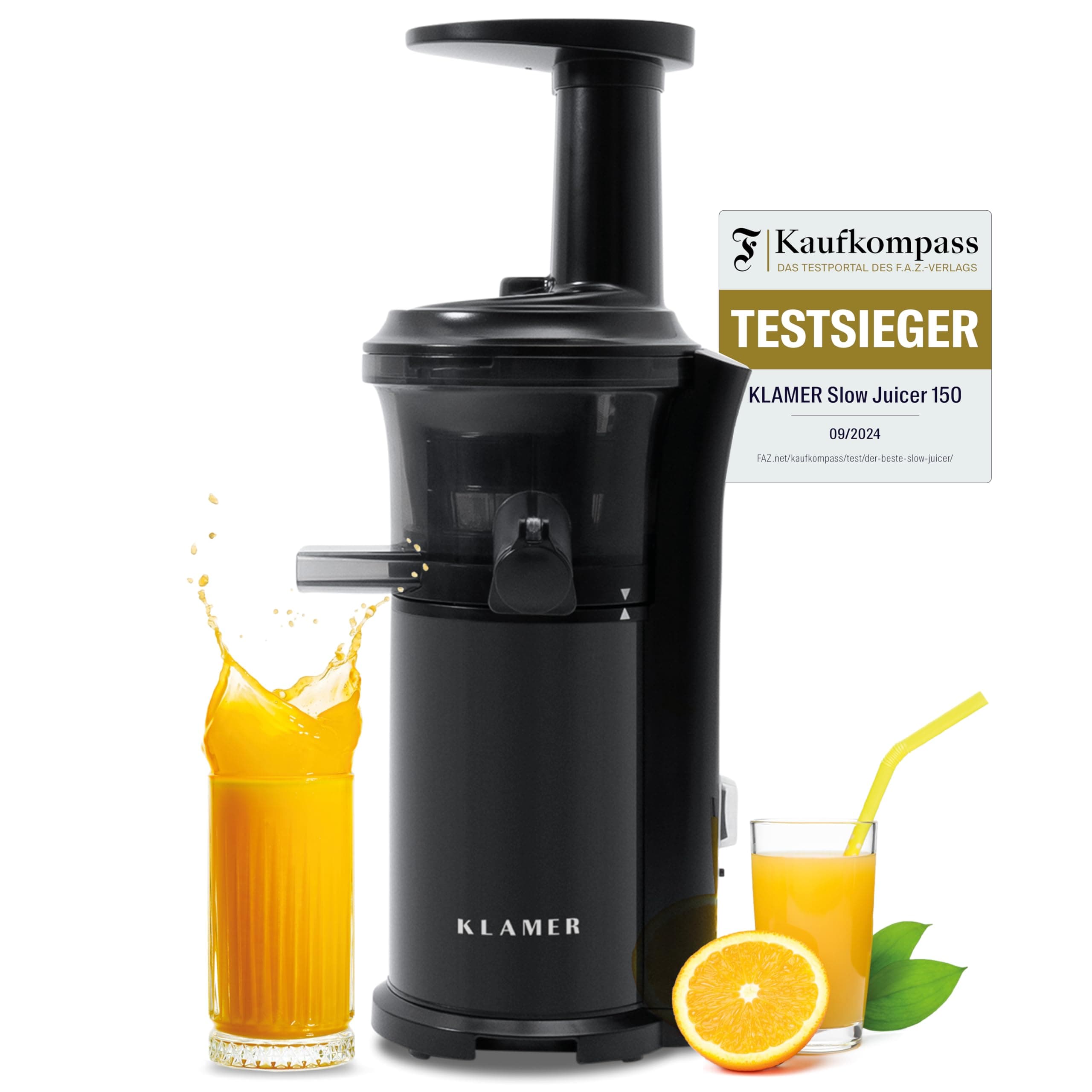 KLAMER Slow Juicer Gemüse und Obst, Entsafter mit Rückwärtsgang, elektrische Fruchtpresse mit Bürste und 2 Behältern, schlankes Design, schwarz Angebot bei HelloDeals