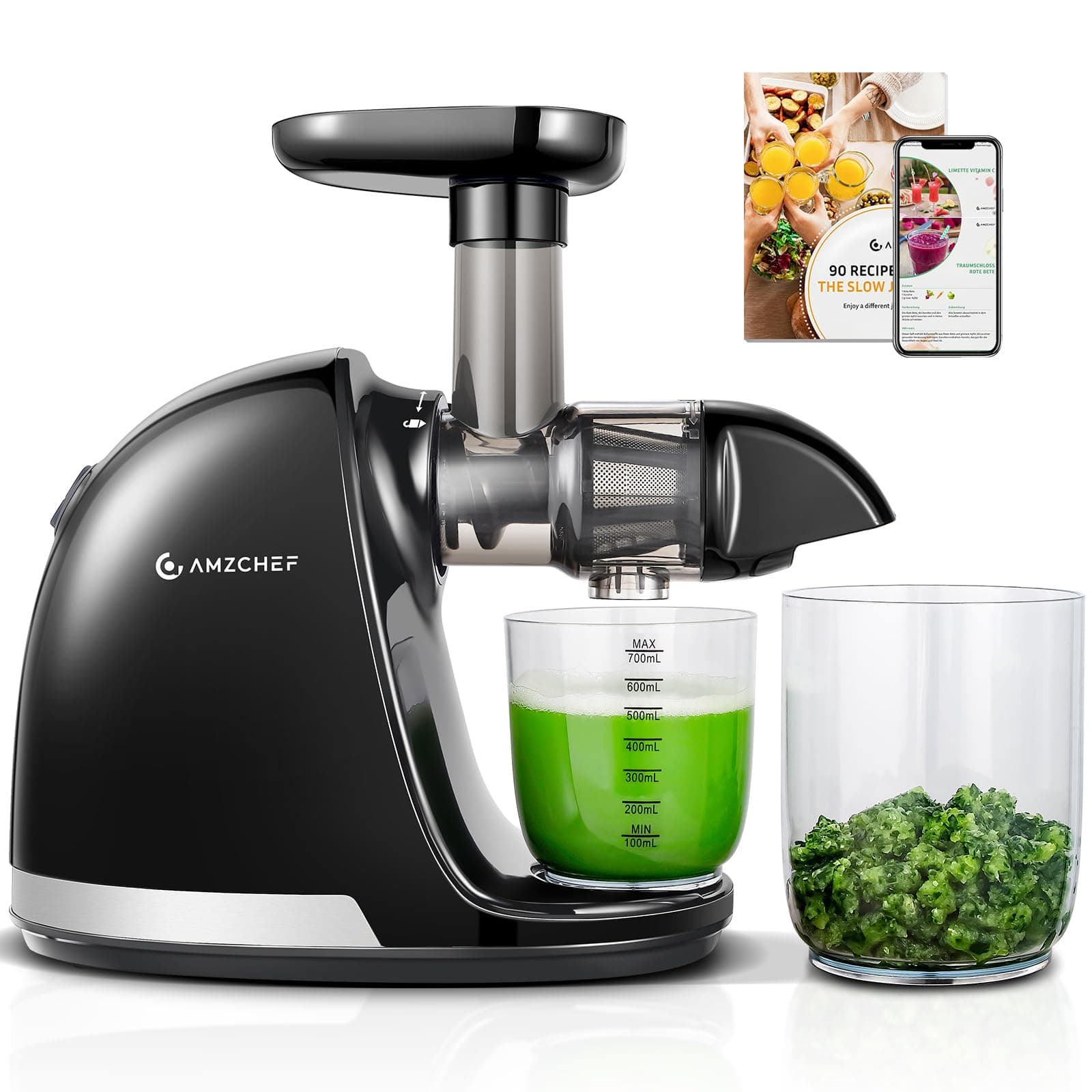AMZCHEF Entsafter Gemüse und Obst Testsieger - Entsafter Slow Juicer mit Rückwärts-Kau-Funktion - Zartes Zerkleinern ohne Filtern - Saftpresse Elektrisch mit Bürste und 2 Tassen - Mattschwarz Medium Mattschwarz Angebot bei HelloDeals