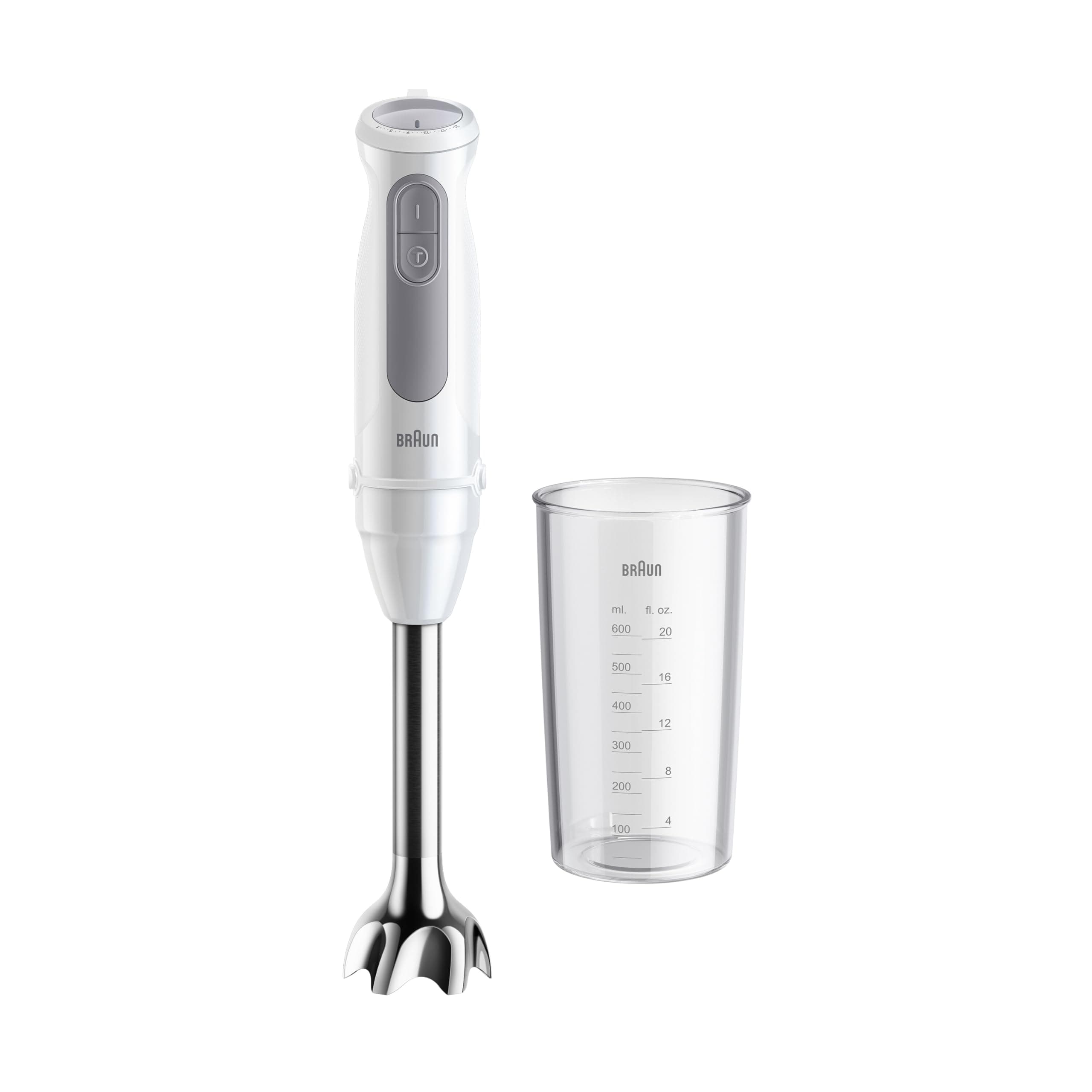 Braun Stabmixer MultiQuick 5 MQ 50001 M, 1000W, 21 Geschwindigkeitsstufen+Turbo, Edelstahl Pürierfuß, Easy Click System, SplashControl, Inkl. 600ml Becher, Weiß Version 2024 - Stabmixer Angebot bei HelloDeals
