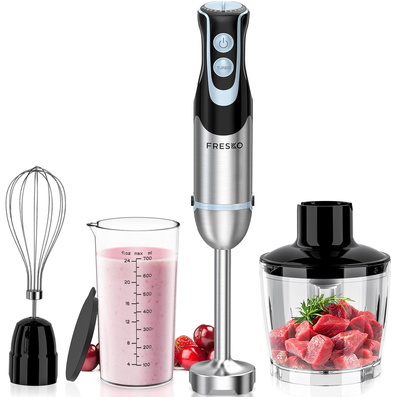 FRESKO 4-in-1 Stabmixer Edelstahl, 1000W Pürierstab mit 12 Geschwindigkeiten und Turbo-Modi, Inklusive Schneebesen, 500ml Lebensmittelhacker und 700ml Messbecher, für Babynahrung, Suppe, Smoothies Stabmixer + Schneebesen + Universalzerkleinerer + Messbech Angebot bei HelloDeals