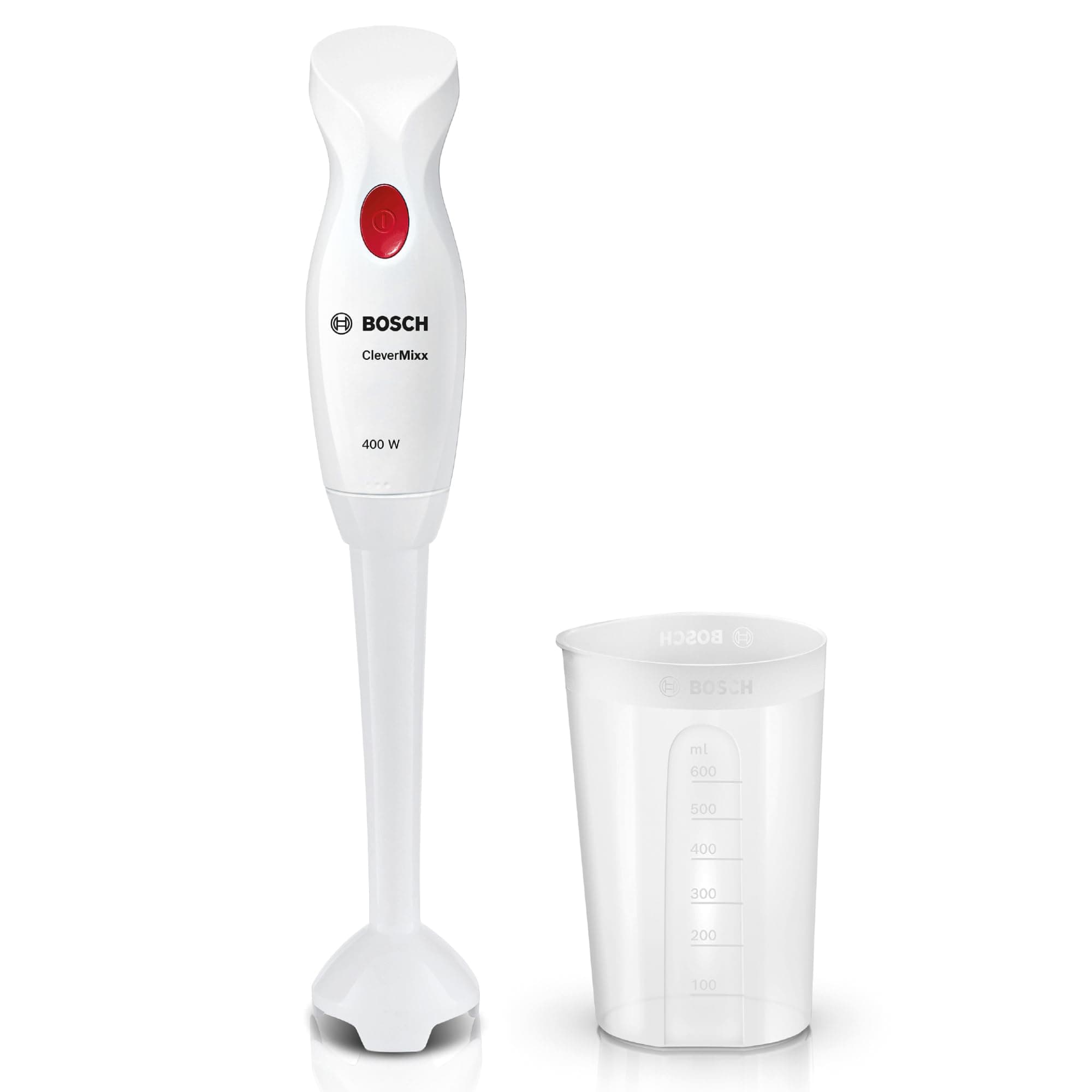 Bosch Stabmixer CleverMixx, abnehmbarer Mixfuß, Ergonomischer Griff, leichtes Gehäuse, 4-Klingen-Messer, einfache Reinigung, 400 W, weiß/rot, MSM14000 Angebot bei HelloDeals