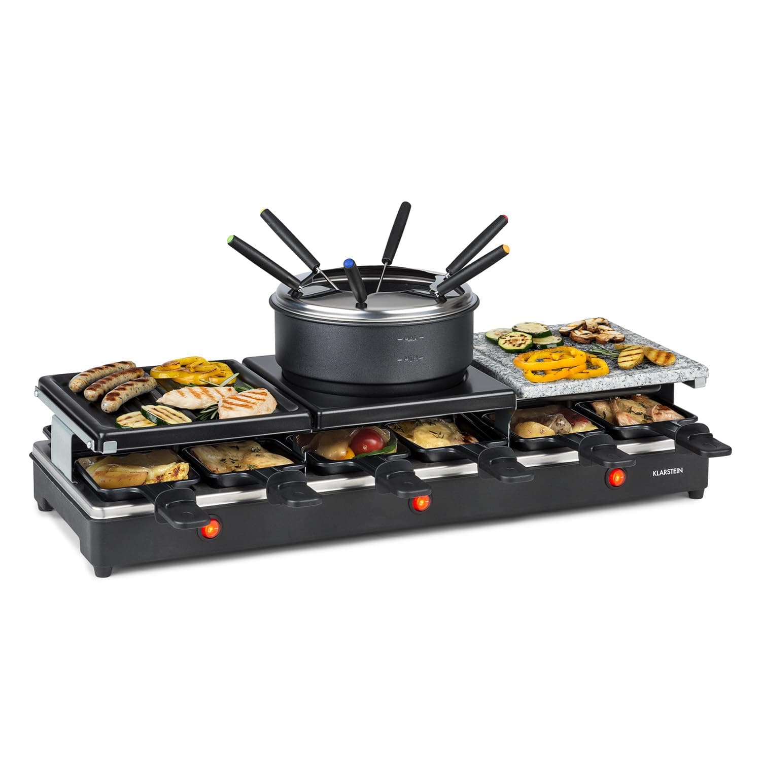 Klarstein Fonduelette XL - 3-in-1 Raclette-Grill & Fondue, 1650 Watt: Metall- /Naturstein-/Crêpesplatte, 3 separate Edelstahl-Heizelemente, bis 12 Personen, Antihaftbeschichtung, schwarz Angebot bei HelloDeals