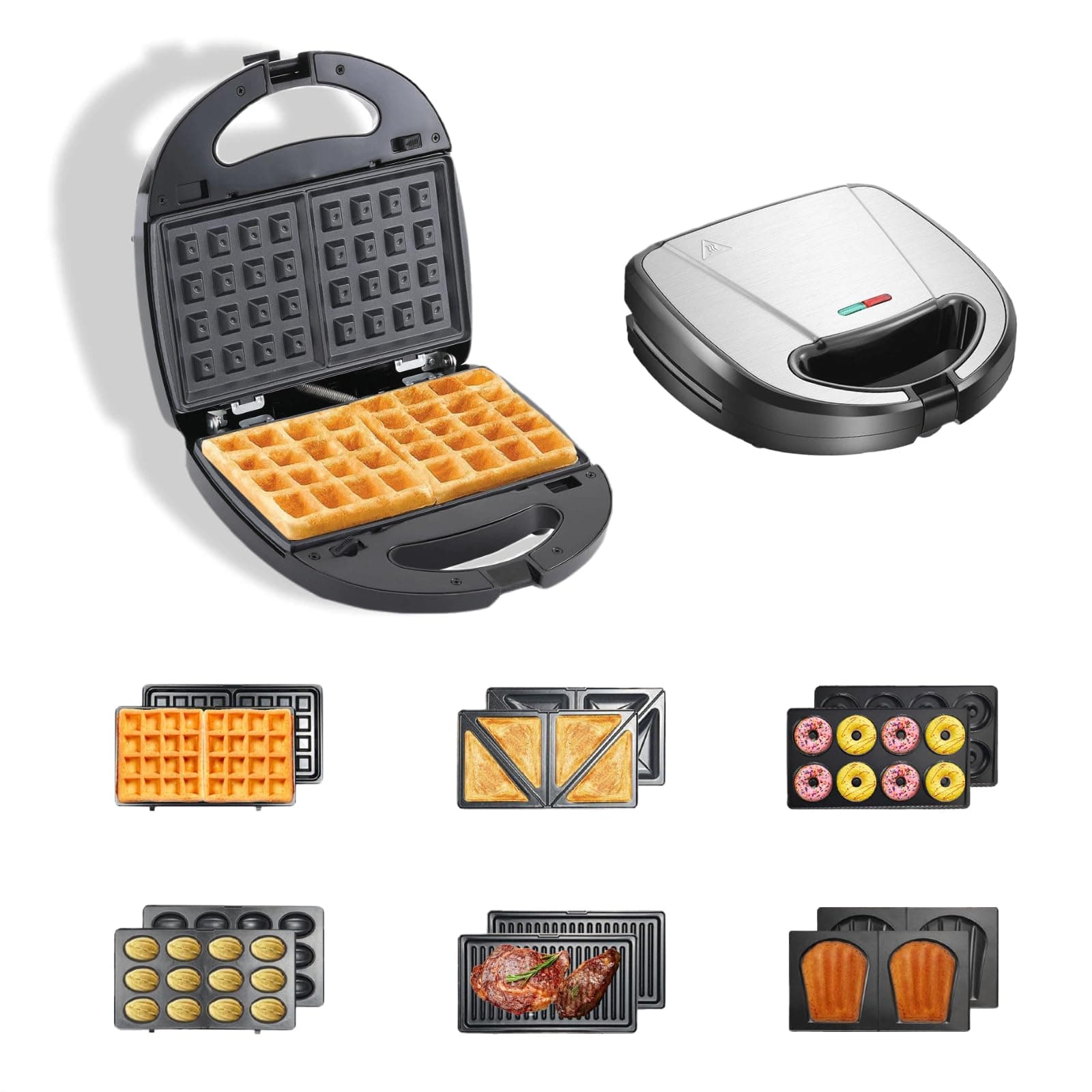OKYUK Sandwichmaker mit 6 wechselbaren Platten, 750W Sandwichtoaster Waffeleisen mit Antihaftbeschichtung für Frühstück, Panini und Grillen Angebot bei HelloDeals