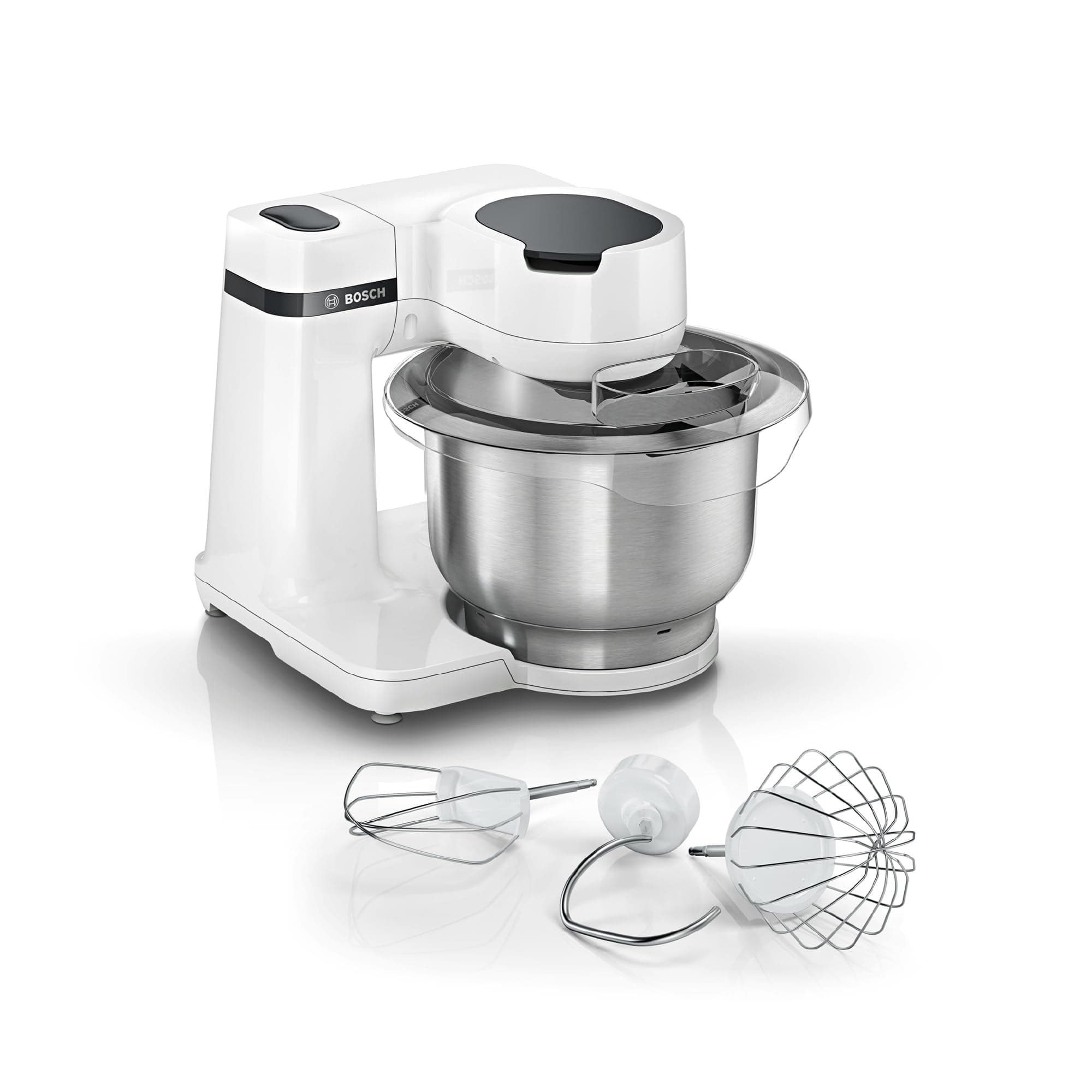 Bosch Küchenmaschine Serie 2, kleine Küchenmaschine, Edelstahl-Schüssel 3,8 L, Knethaken, Schlag-, Rührbesen spülmaschinenfest, 4 Arbeitsstufen, 700W, weiß, MUMS2EW00 Angebot bei HelloDeals