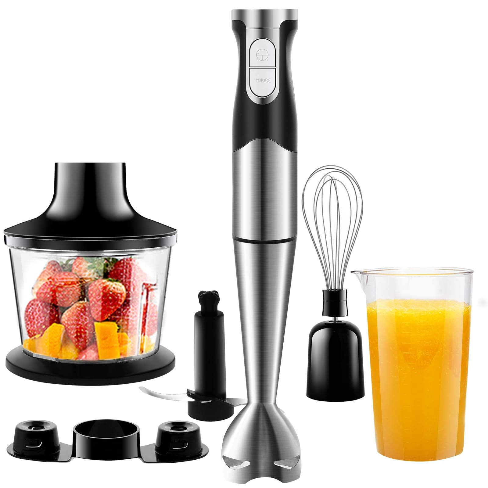 Stabmixer set 6-in-1 Pürierstab Edelstahl Set 1200W Stabmixer 600ml Messbecher, Schneebesen,Lebensmittelhacker,Lagerregal für die Zubereitung von Babynahrung Salaten Suppen und Gemüse Angebot bei HelloDeals